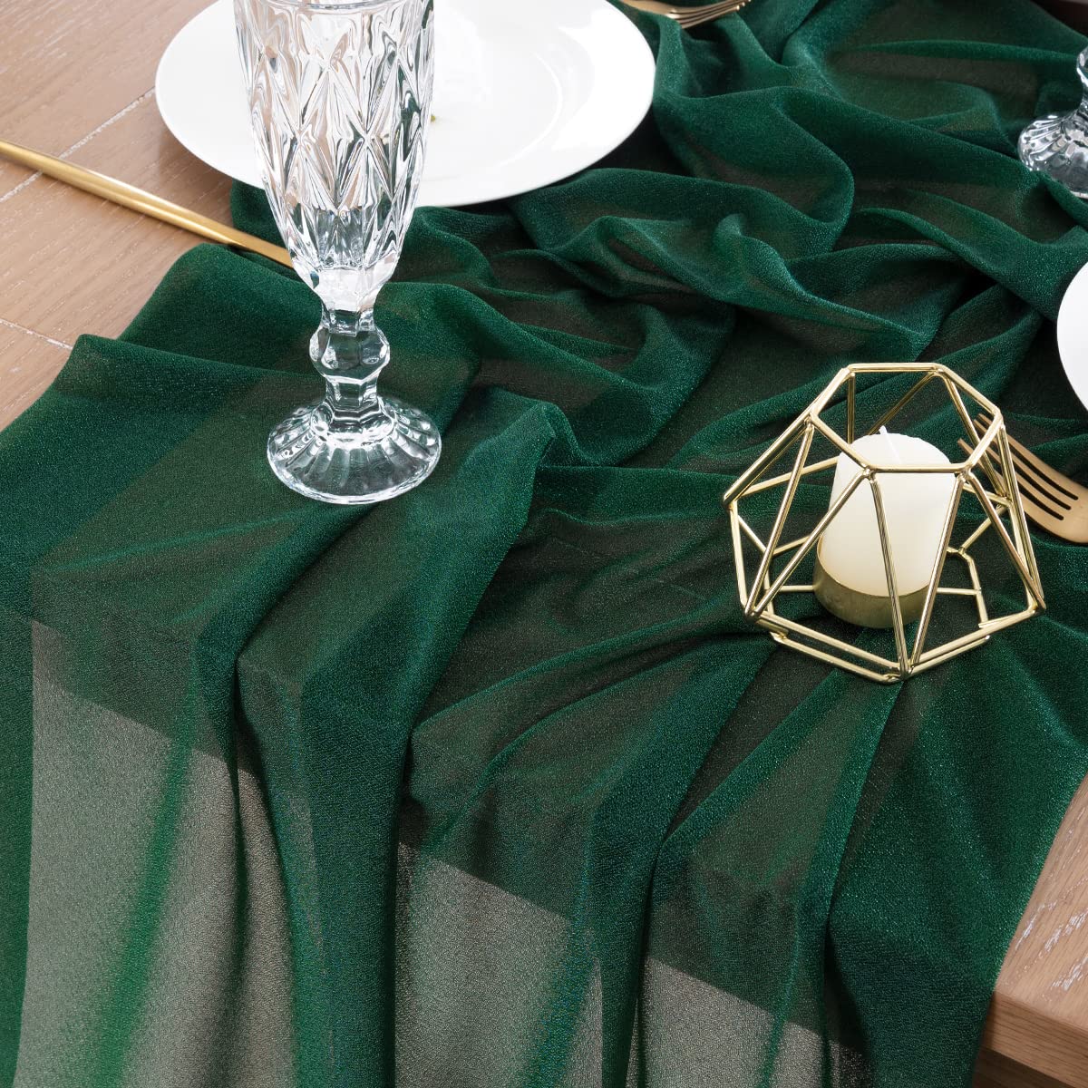 Socomi 10Pcs Emerald Green Gauze Table Runner Bulk 10Ft Chiffon Like Wedding Table Runner For Bridal Shower Decorations Baby Sho