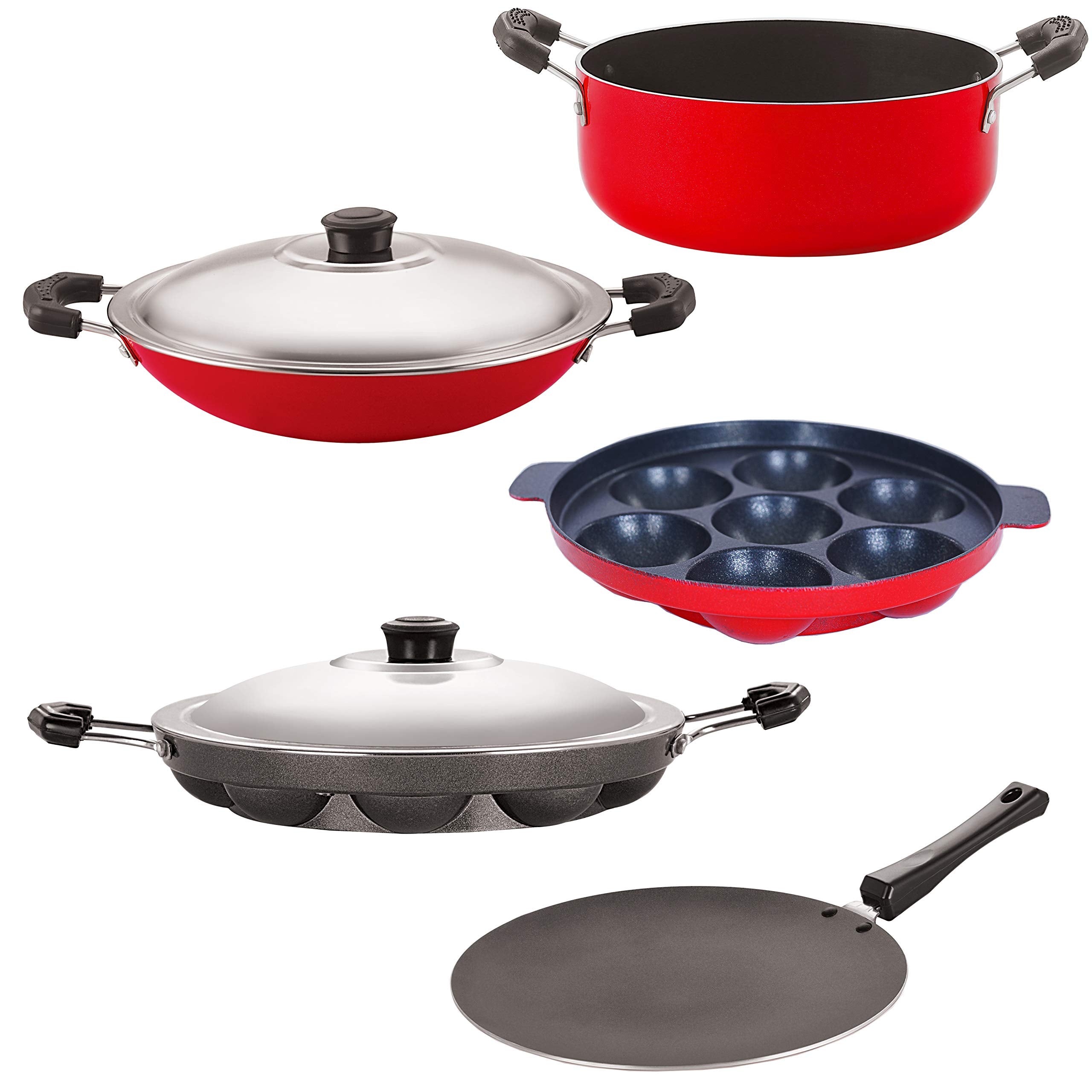 Nirlon Non Induction NonStick Aluminium Cookware Set, 5Pieces, Red And Black (Ct11_Ap(7)_Ap(12)_Ac_Cass20)
