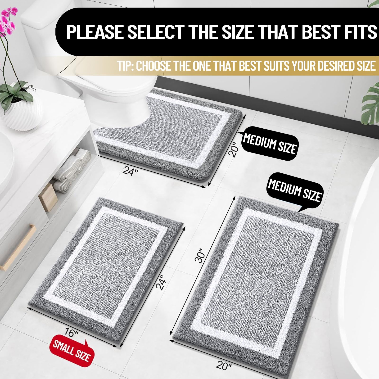 OLANLY Bathroom Rugs 36x24  Extra Soft and Absorbent Microfiber Bath Mat  Non-Slip  Machine Washable  Quick Dry Shaggy Bath Carpet  Suitable for Bathroom Floor  Tub  Shower (Grey and White)