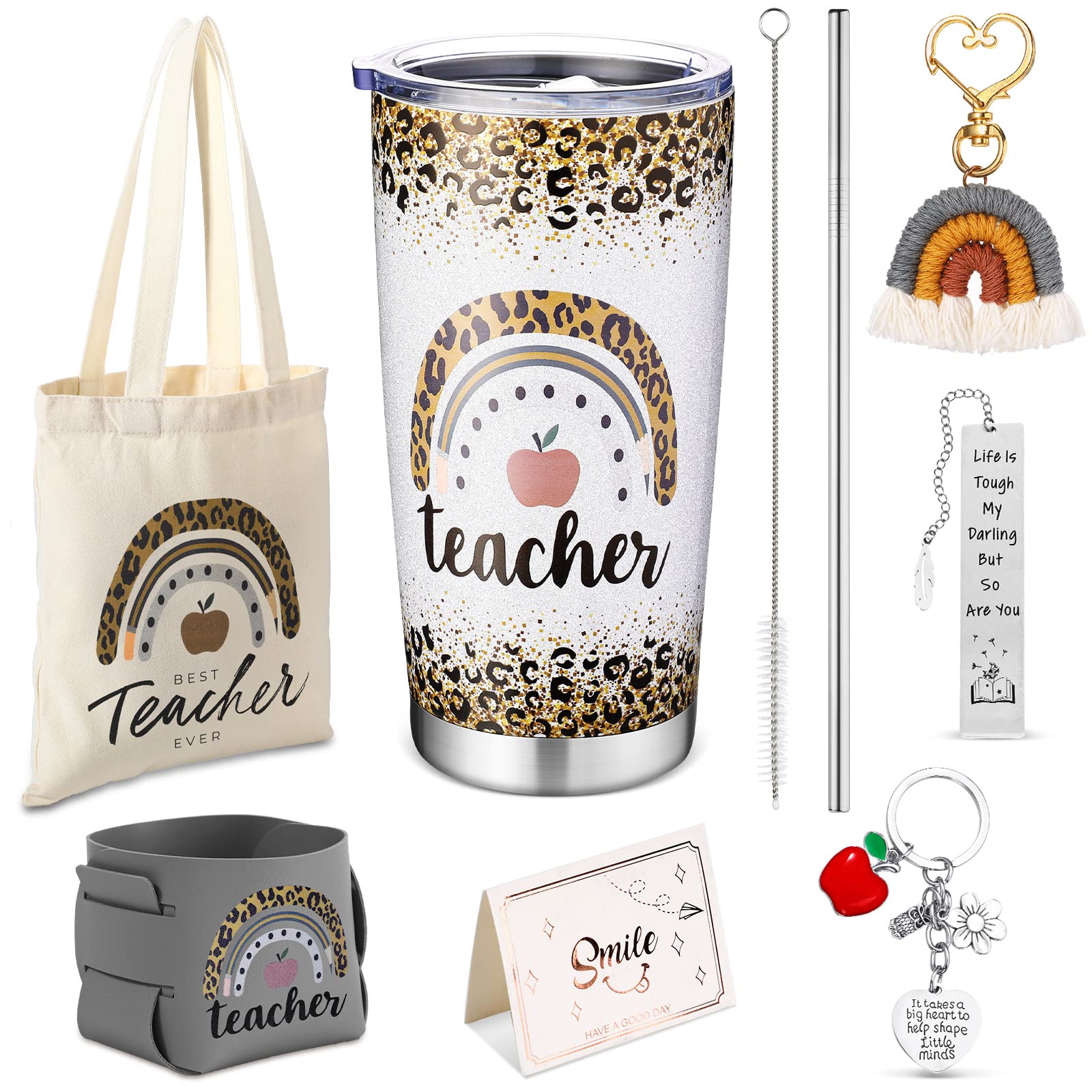 Nuenen 7 Pcs Teacher Gift For Women Teacher Appreciation Gift Rainbow Basket Include Tumbler Tote Bag Leather Bucket Card Key Ch