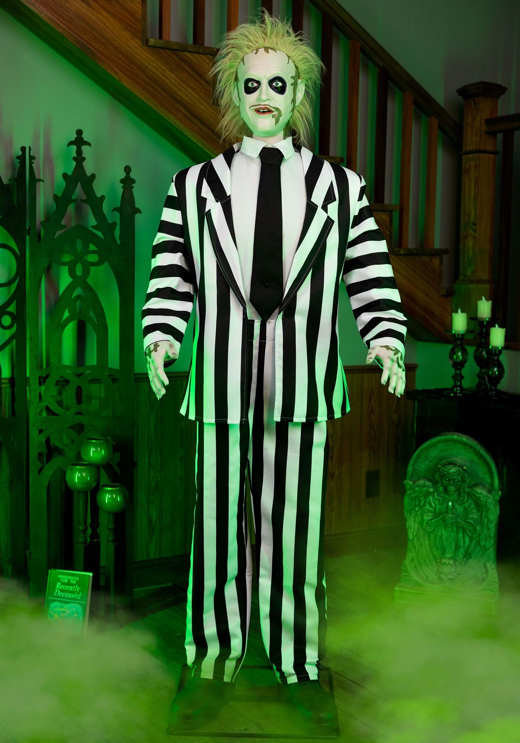 Gemmy 6FT Beetlejuice Animatronic | Life Size Halloween Decoration with 2 Outfits, Spinning Head, Movie Sounds and Music