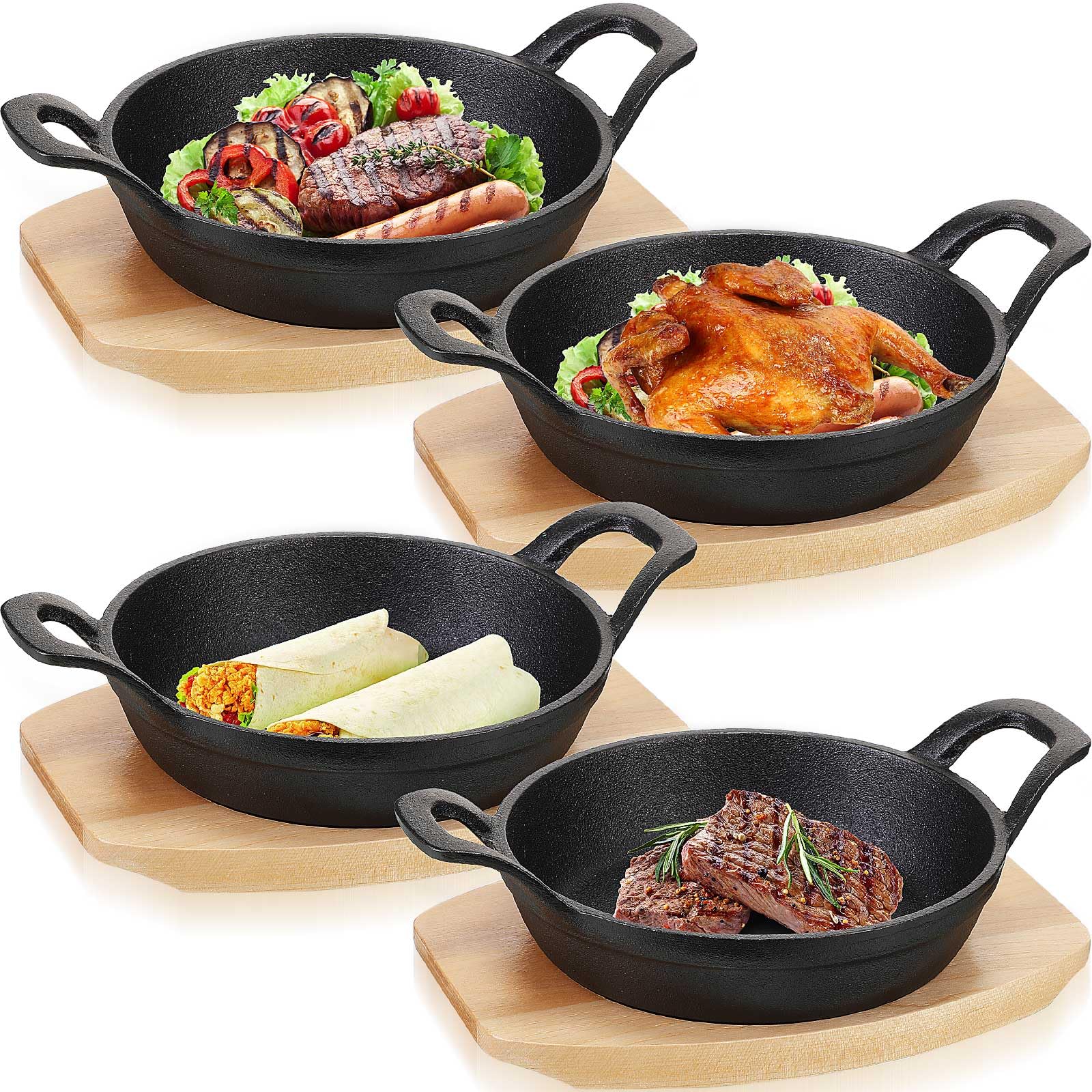 Sliner 4 Sets Mini Cast Iron Skillet Small Cast Iron Plates Skillet with Wooden Base Small Round Pan Fajita Plate Pot for Baking