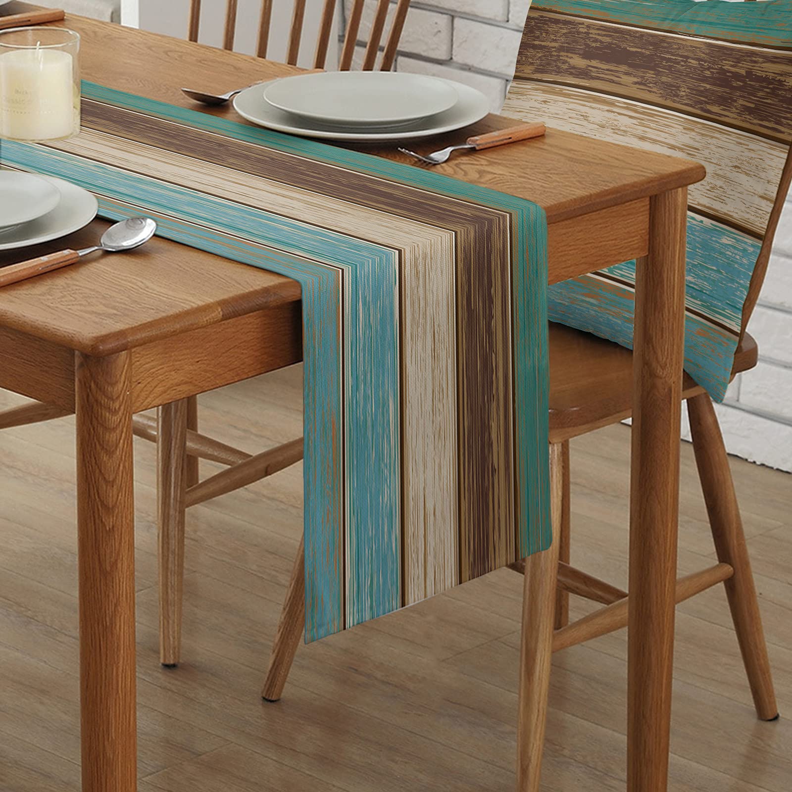 Cotton Linen Table Runner Dresser Scarves Retro Rustic Barn Wood&Teal Green Brown Non-Slip Burlap Rectangle Table Setting Decor