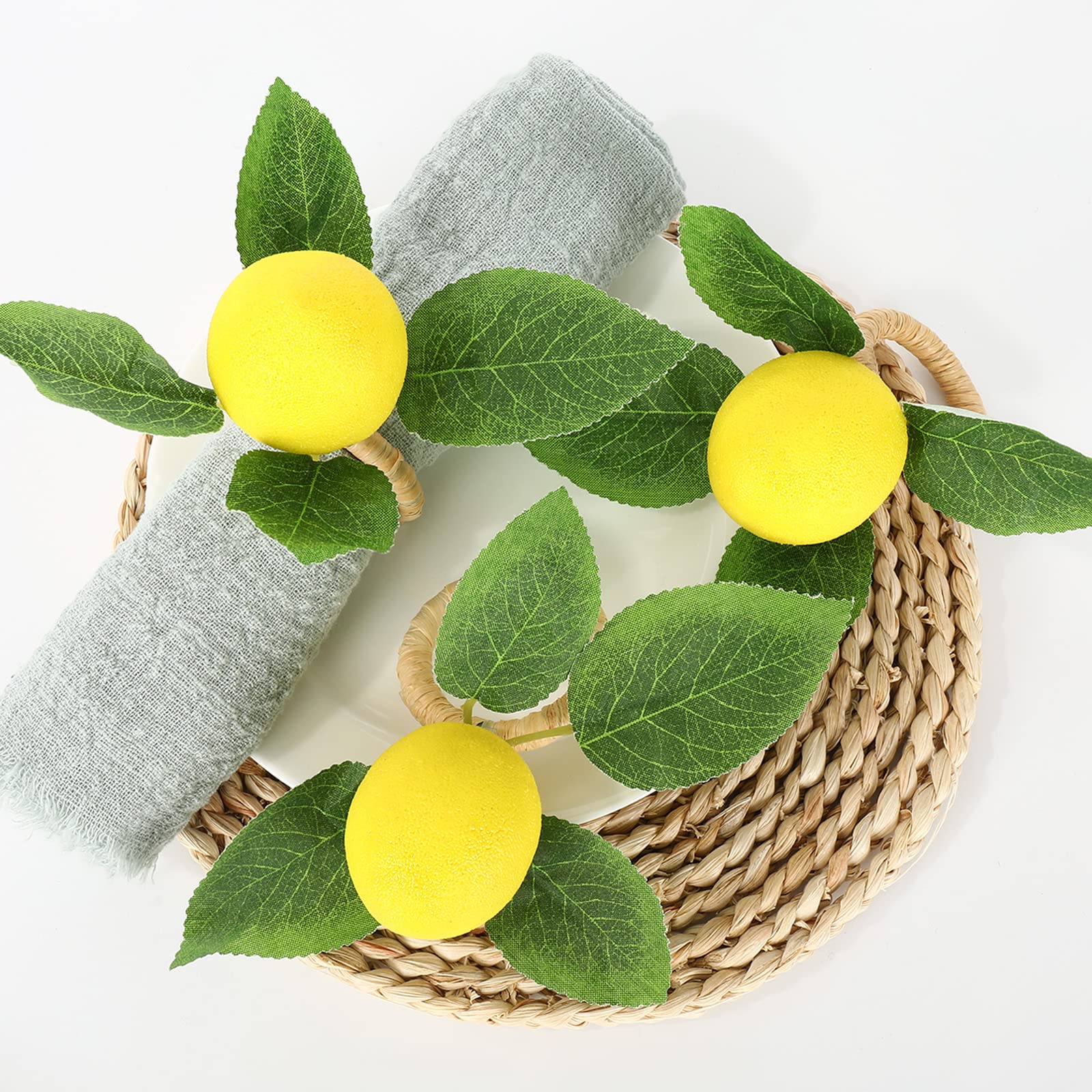 Whaline 15Pcs Lemon Napkin Rings Faux Lemon Napkin Holder Rustic Farmhouse Lemon Vine Leaf Napkin Rings Yellow Summer Fruit Serv