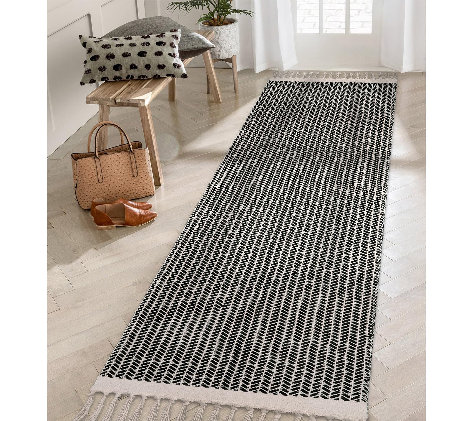 Lahome Boho Hallway Runner Rug, 2x6 Laundry Room Lightweight Entry Woven Cotton Throw Mat with Tassels, Farmhouse Non-Shedding W
