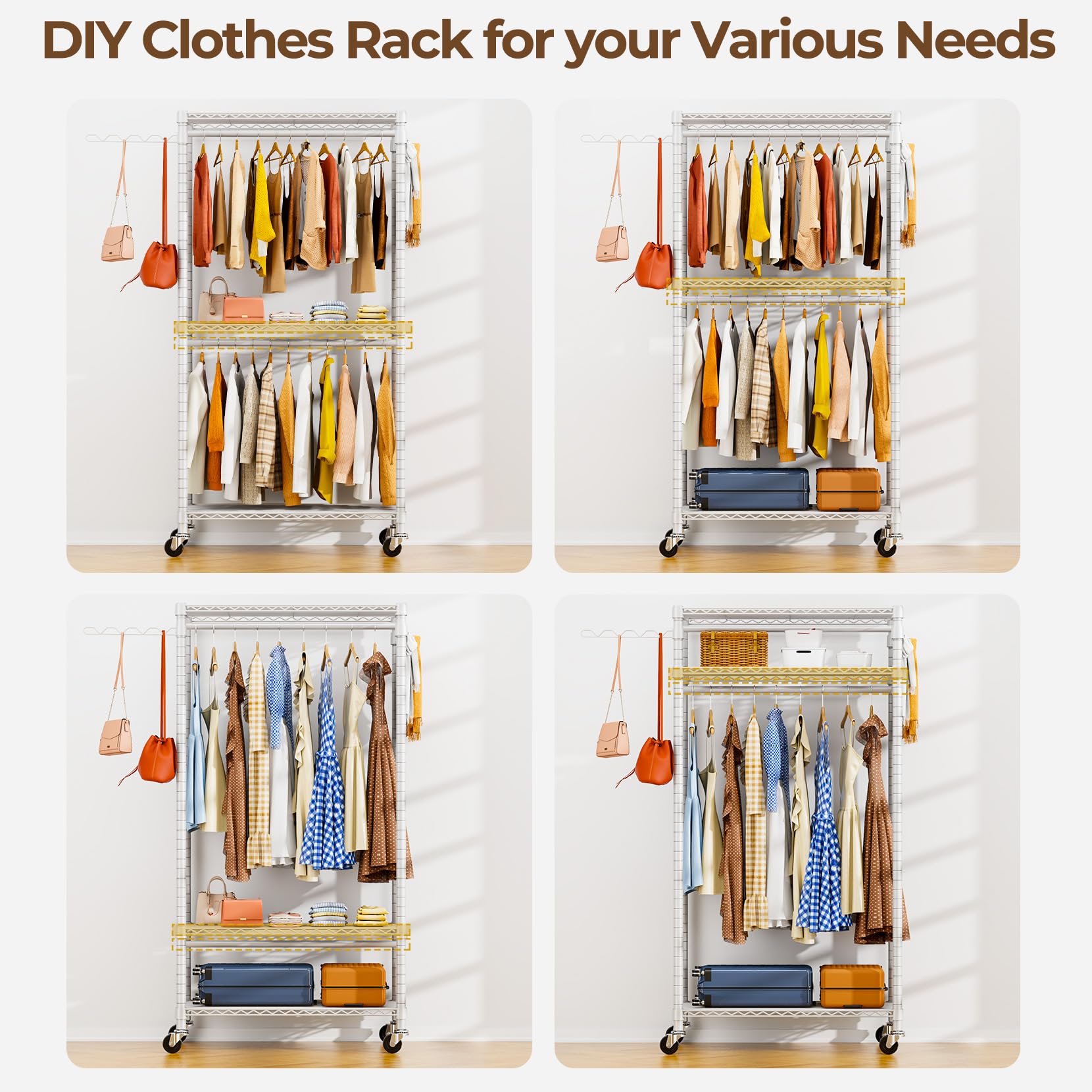 Heavy Duty Rolling Garment Rack, Adjustable Heavy Duty Clothing Rack With Shelves Load 420 Lbs, Free Standing Clothes Rack With