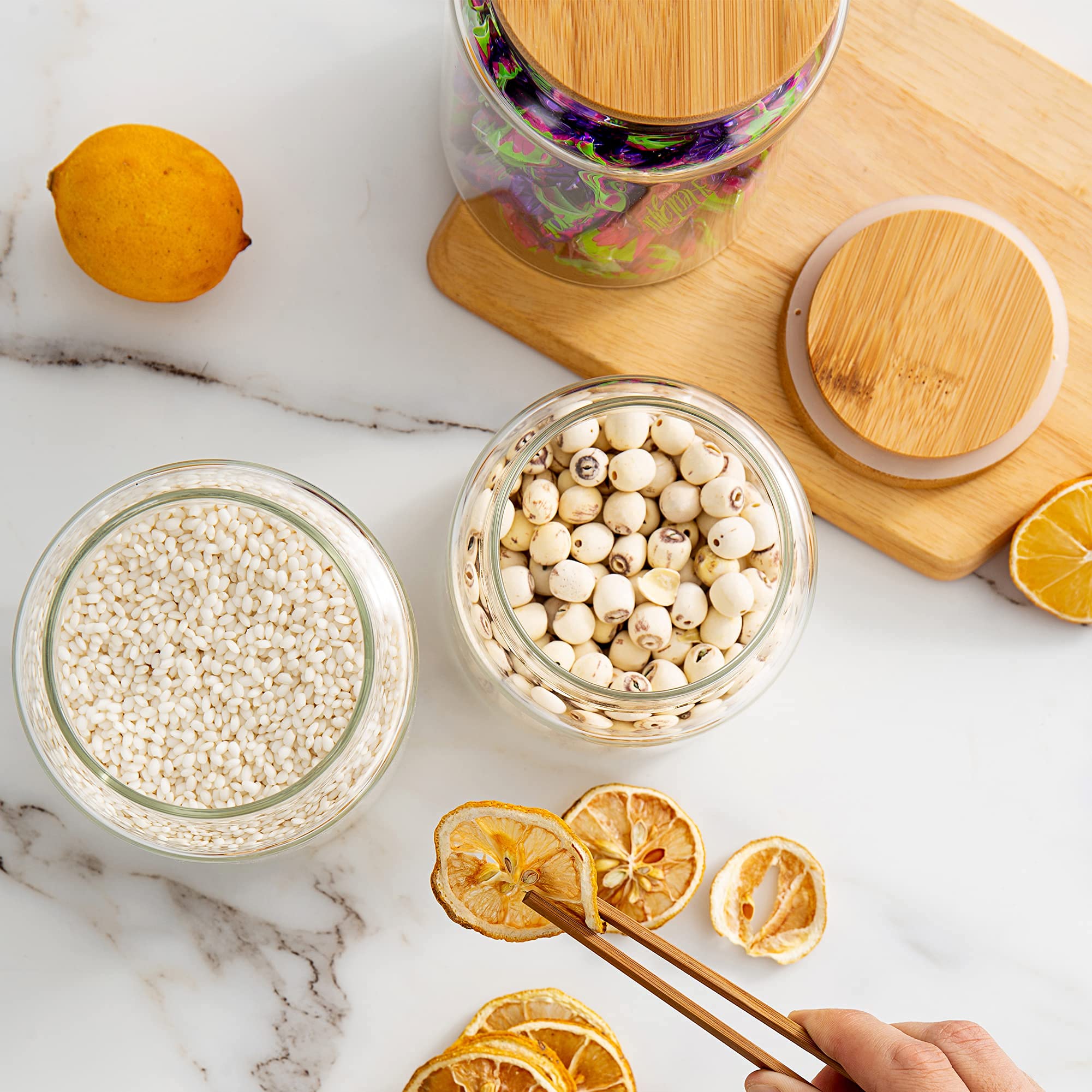 Moladri 900Ml/30Oz Clear Cute Glass Storage Canister Holder With Airtight Bamboo Lid, Modern Decorative Medium Container Jar For