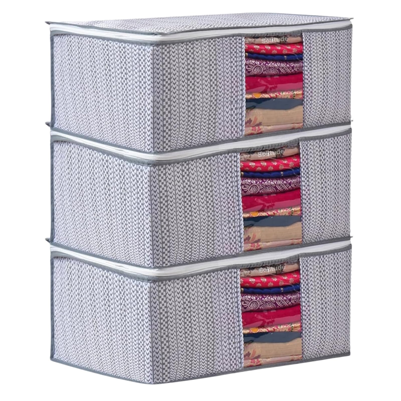 Solitude Set Of 3 Saree Covers With Zip & Transparent Window | NonWoven Clothes Storage Bags For Wardrobe Organizer | Perfect F
