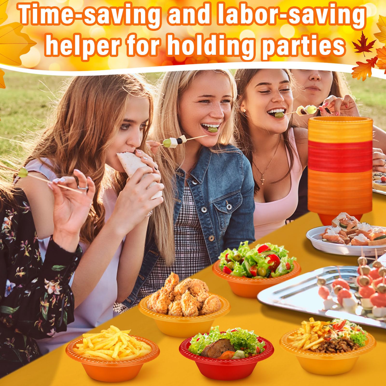 Layhit 100 Pcs Thanksgiving Plastic Bowls 12 oz Disposable Salad Yellow Red Orange Plastic Serving Autumn Party Supplies Candy S