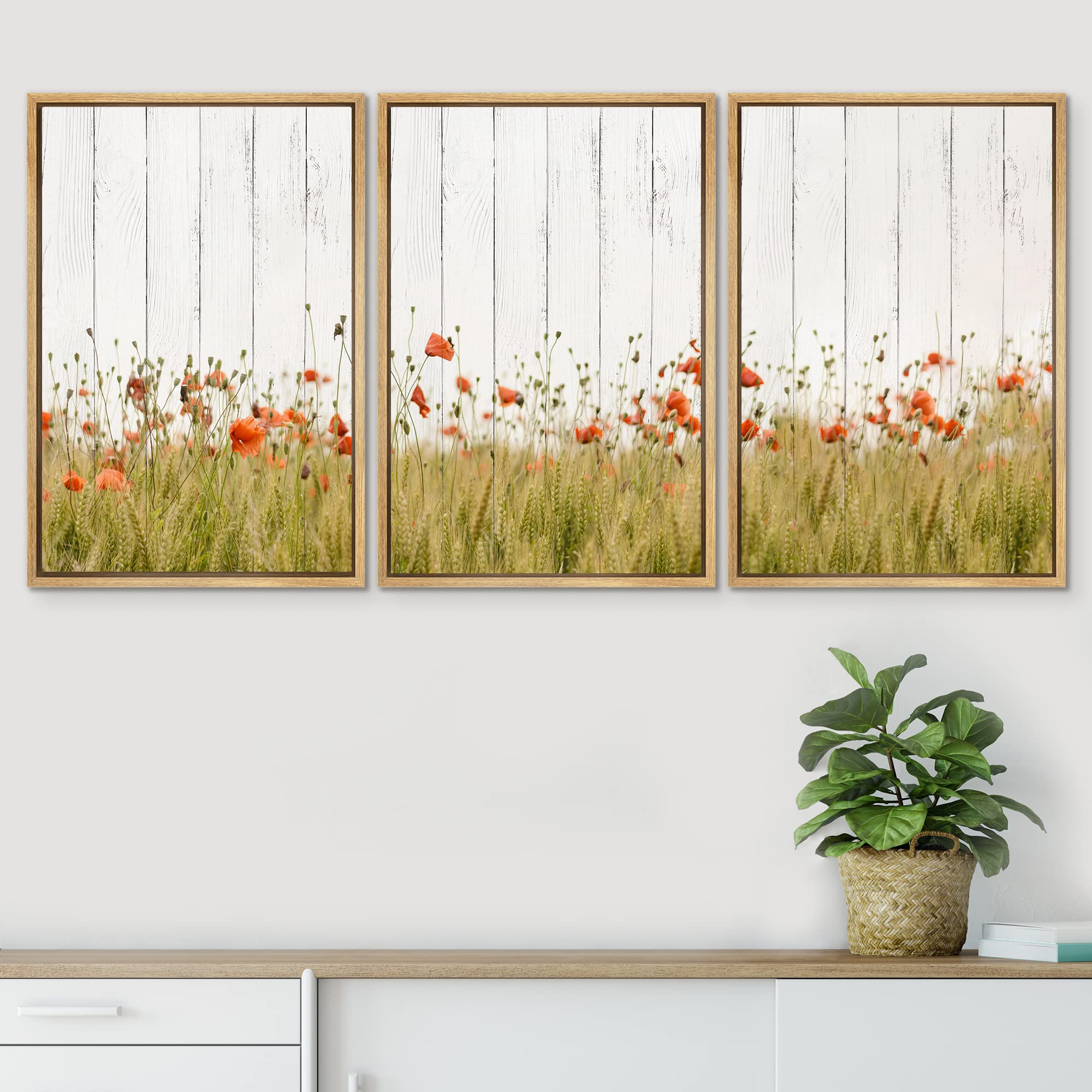 Signwin Framed Canvas Print Wall Art Set Wood Panel Style Country Poppy Flowers Nature Wilderness Illustrations Modern Art Decor