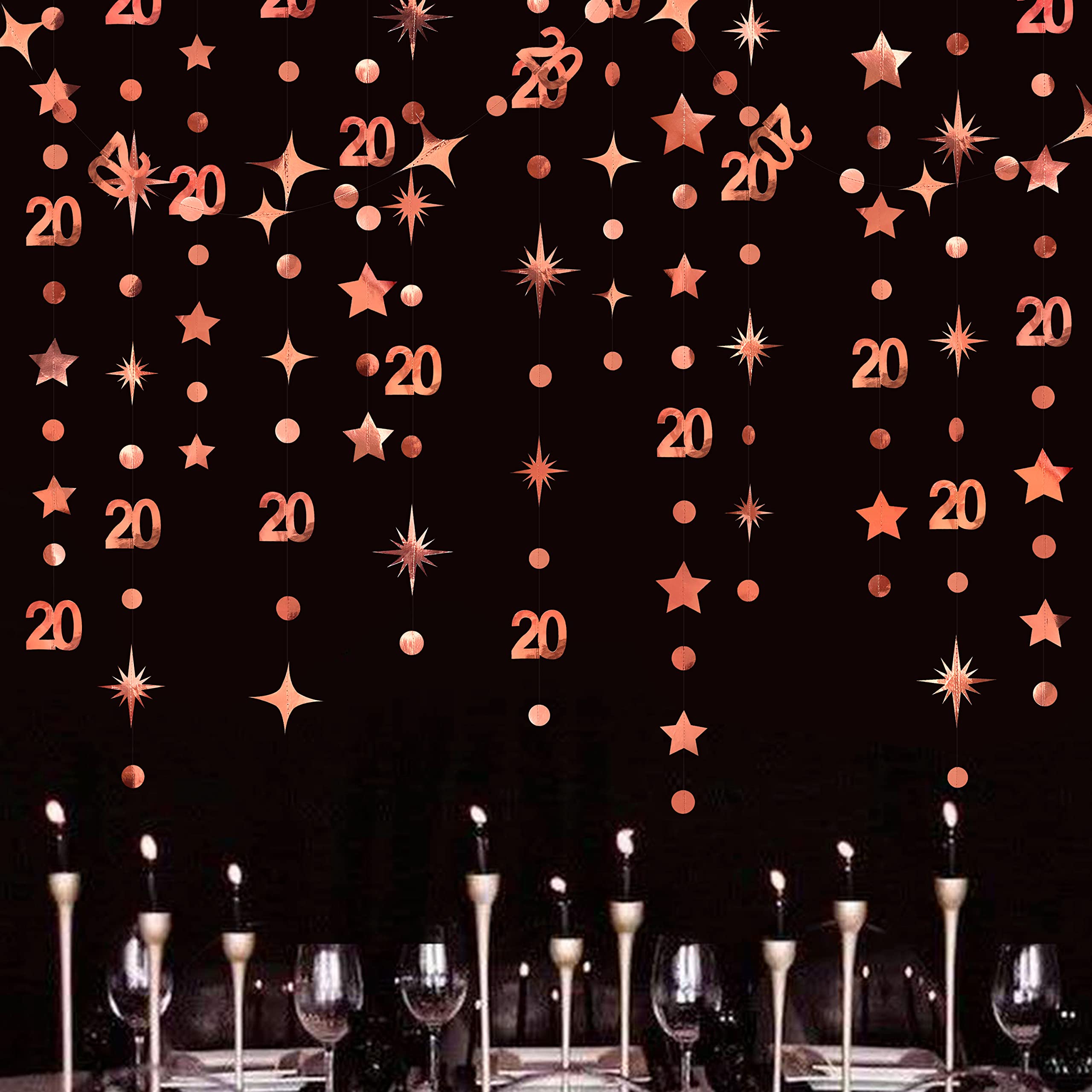 Rose Gold 20th Birthday Decorations Number 20 Circle Dot Star Garland Metallic Hanging Streamer Bunting Banner Backdrop for Women Mens Twenty Year Old Birthday Happy 20th Anniversary Party Supplies