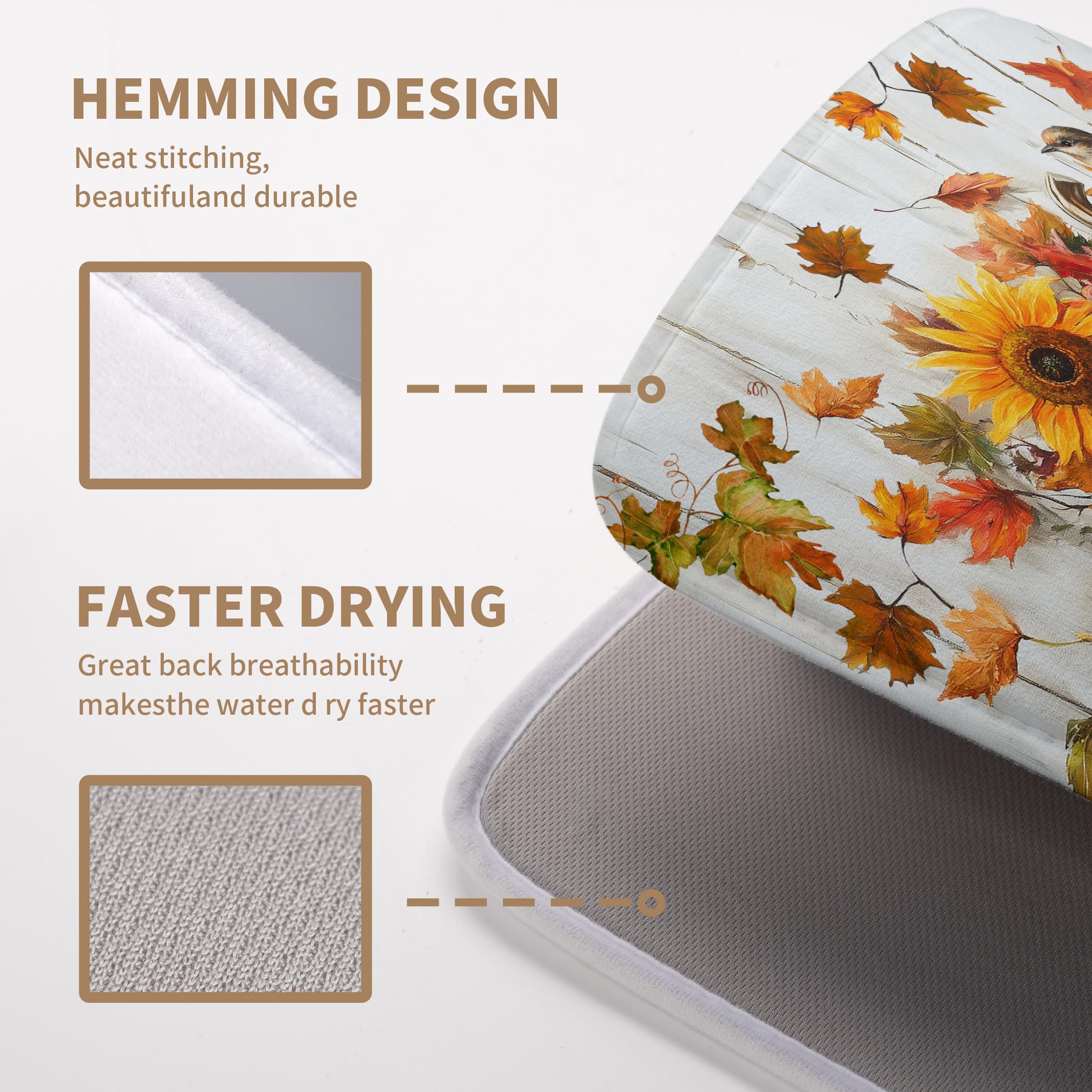 Wnoesat Fall Dish Drying Mat for Kitchen Counter Pumpkin Sunflower Maple Leaf Birds Drying Mats Autumn Thanksgiving Harvest Dish
