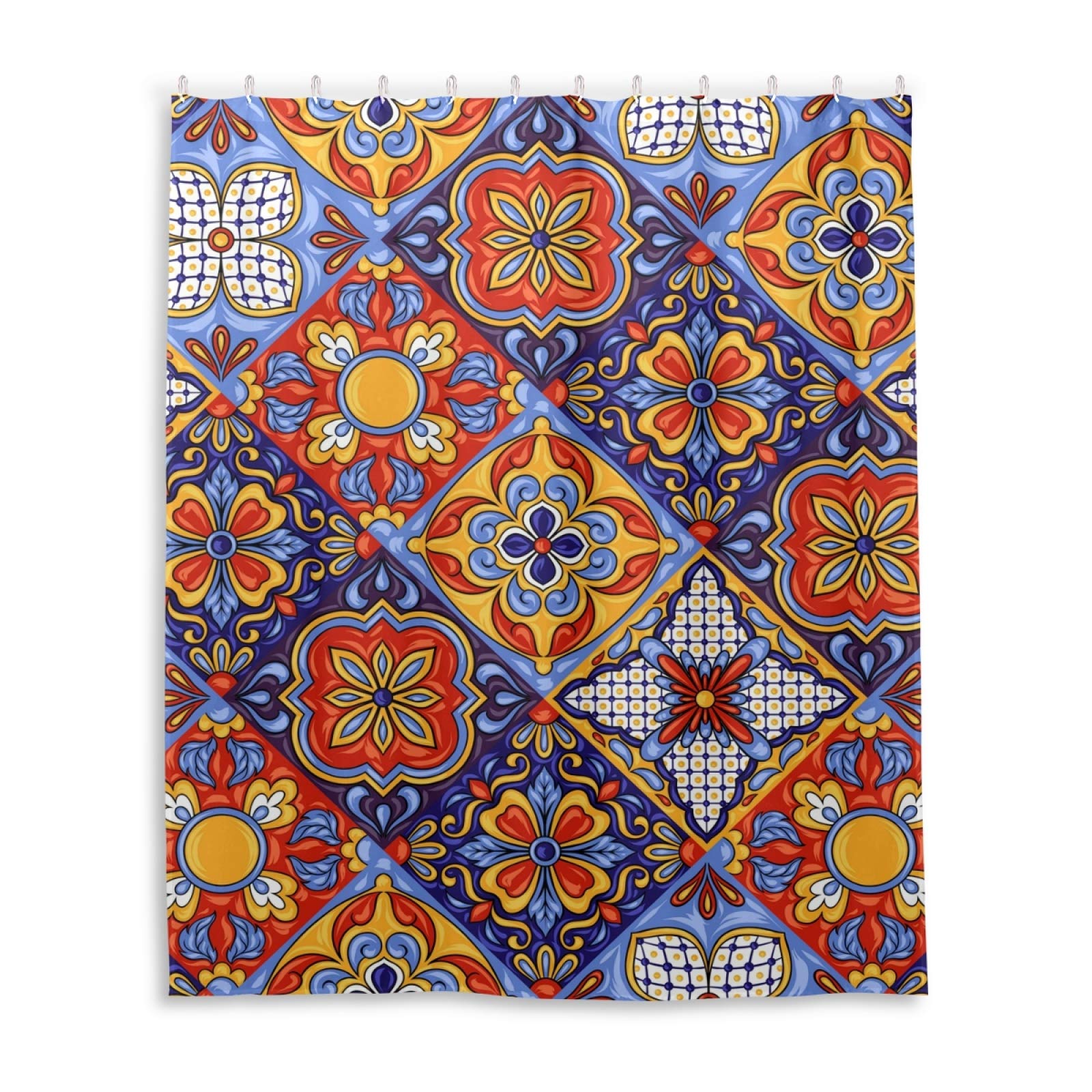Wellday Shower Curtain Mexican Talavera Ceramic Tile Pattern Bathroom Decor Waterproof Fabric With Hooks 60X72 Inch