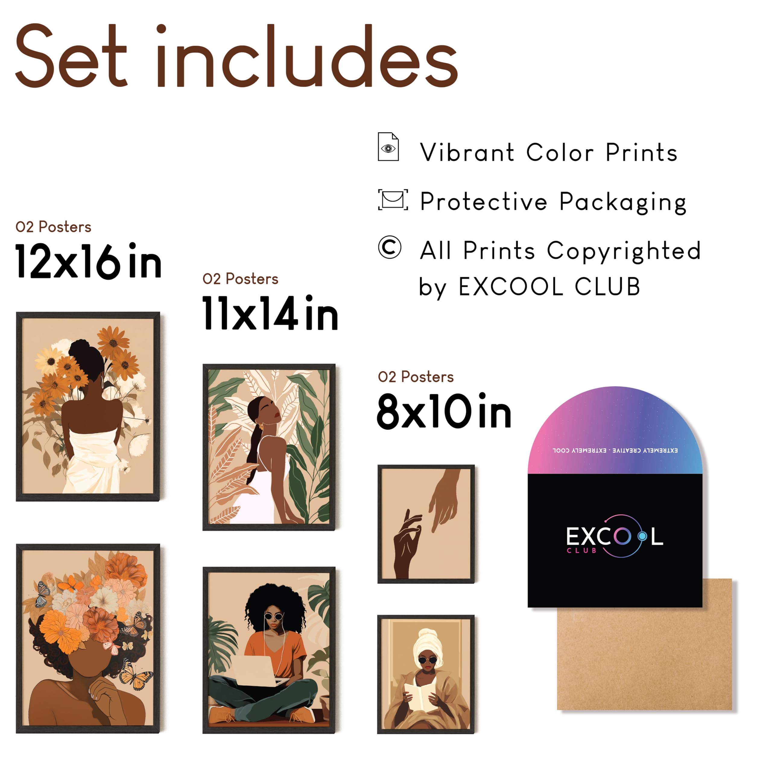 Excool Club Black Girl Wall Art - 12X16 Boho Black Women Wall Art Decor, Black Woman Art Prints, Black Girls Paintings Posters,