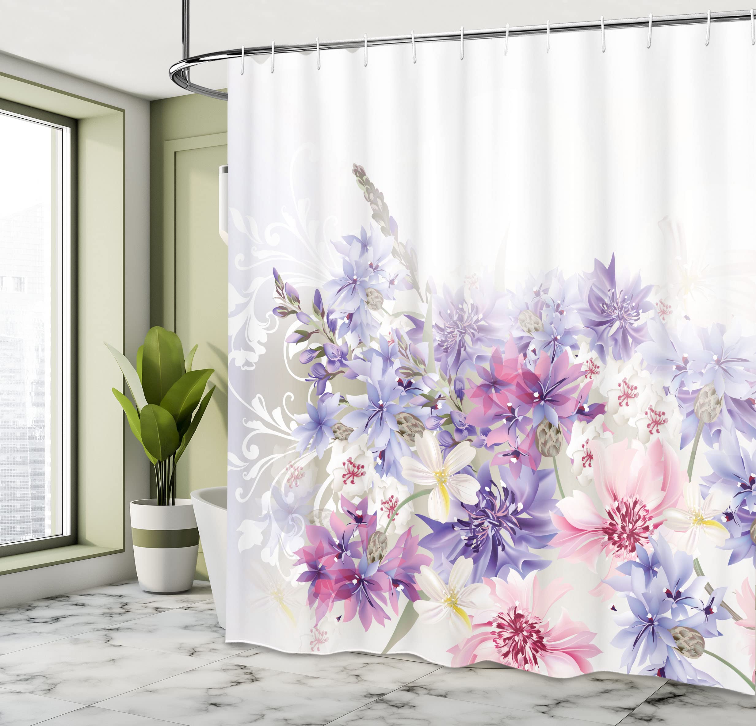 Ambesonne Lavender Shower Curtain, Pastel Cornflowers Bridal Classic Design Gentle Floral Print Wedding Design, Cloth Fabric Bat