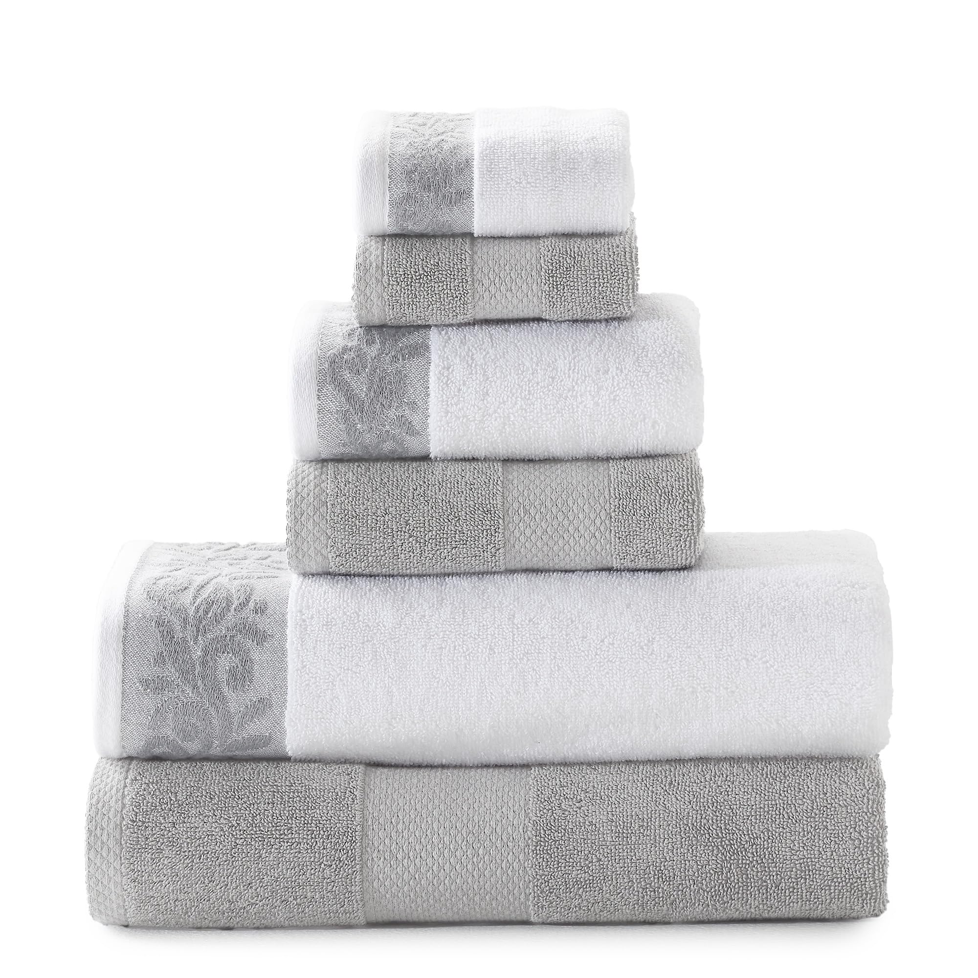 Modern Threads 600 GSM 6-Piece Towel Set with Filgree Jacquard Border, Silver