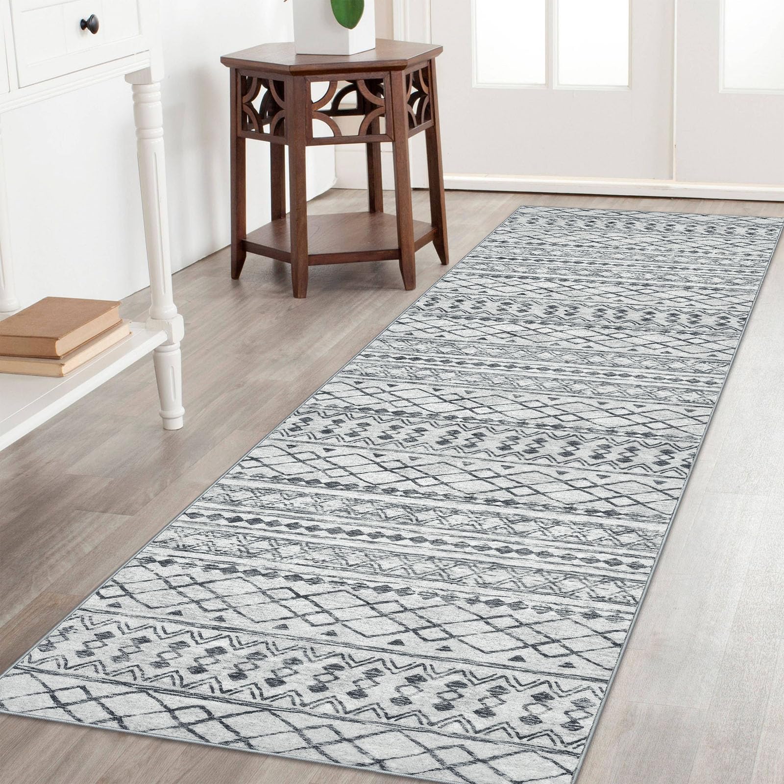 KUTA Moroccan Washable Kitchen Rug, 2x7 Non-Slip Vintage Grey Boho Hallway Runner Kitchen Runner Rug Ultra Soft Distressed Geome