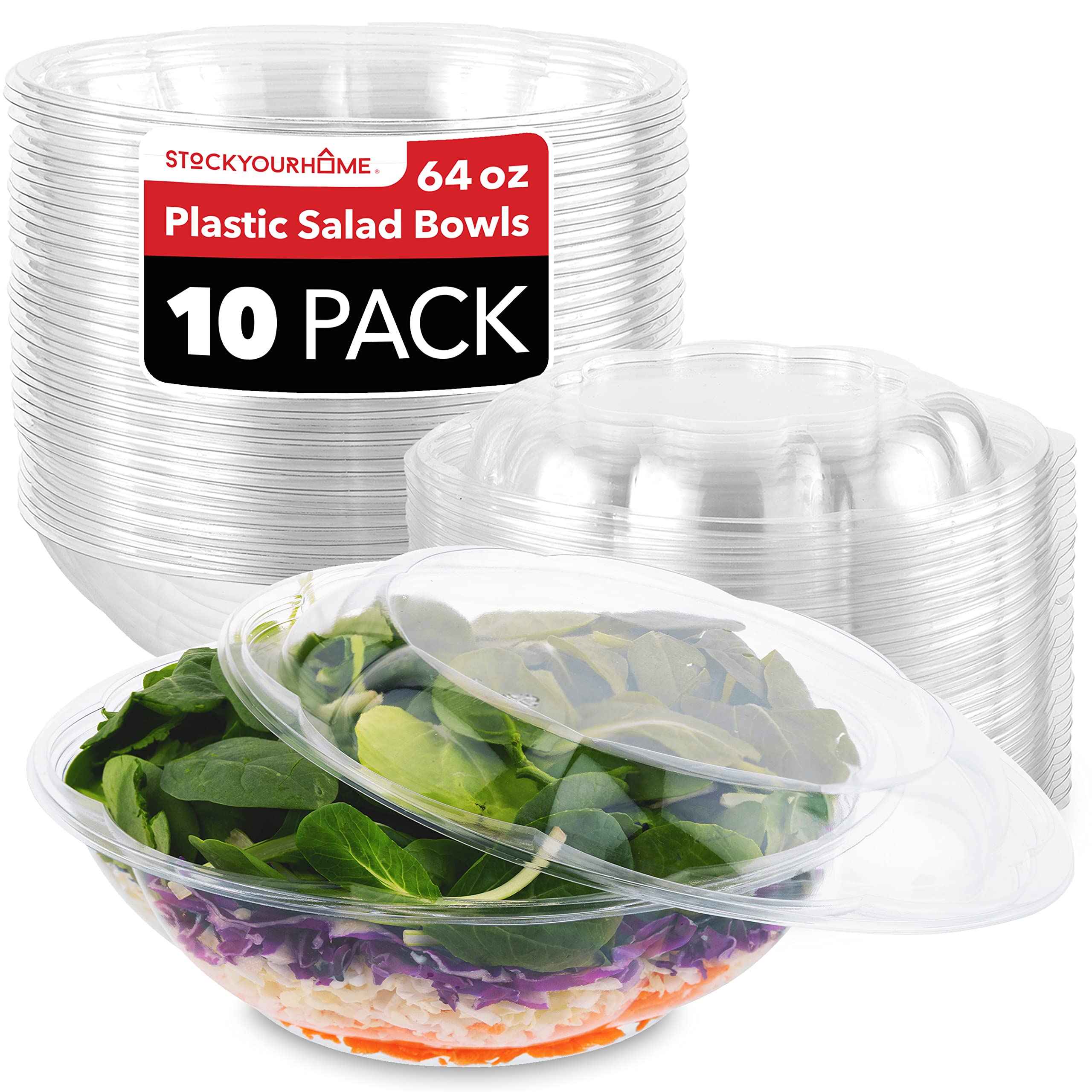 Stock Your Home 64Oz Clear Plastic Salad Bowls With Lids Disposable (10 Pack) Extra Large Takeout Container With Snap On Lid For