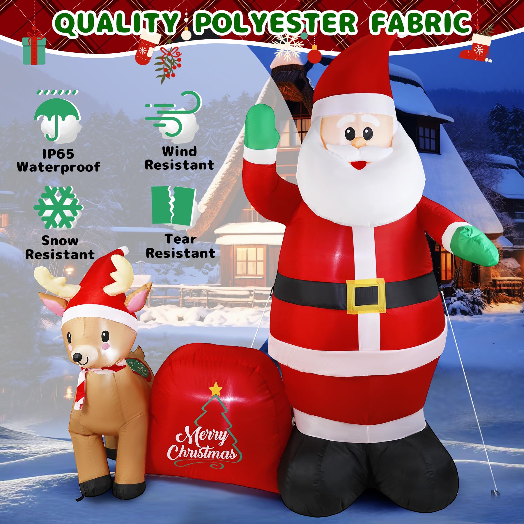 GIFTFIND 7Ft Christmas Inflatable Santa Clau Built-in LED Lights, Outdoor Decoration Santa with Reindeer and Christmas Ball Blow