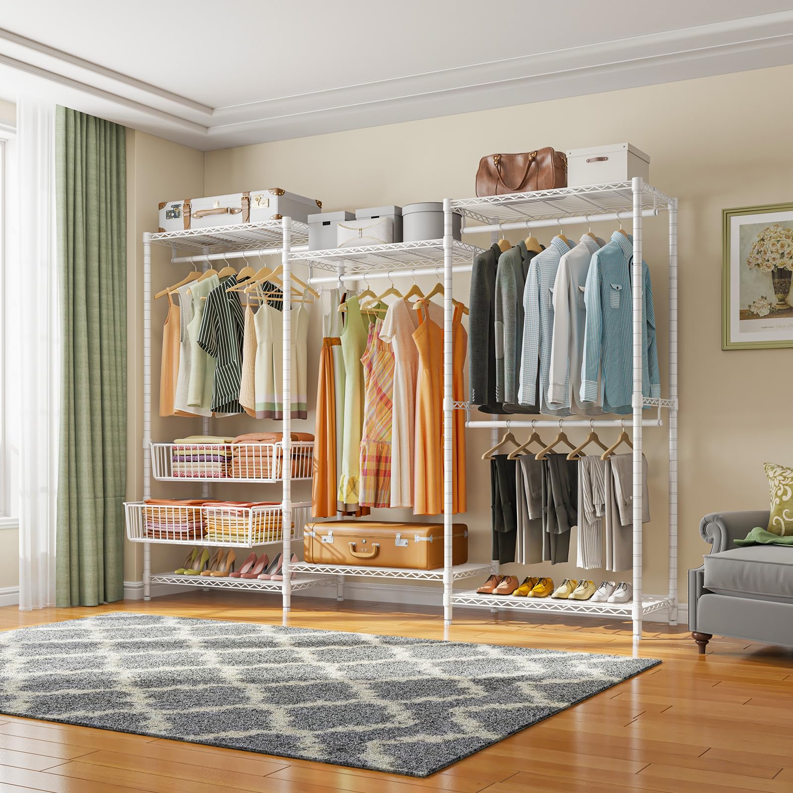 VIPEK V10 Wire Garment Rack 5-Tiers Heavy Duty Clothes Rack Large Size Clothing Rack with 4 Hanging Rods  6 Wire Shelves and 2 Slid Baskets  85.8 '' W x 15.7 '' D x 76.4 '' H  Max Load 800 LBS  White