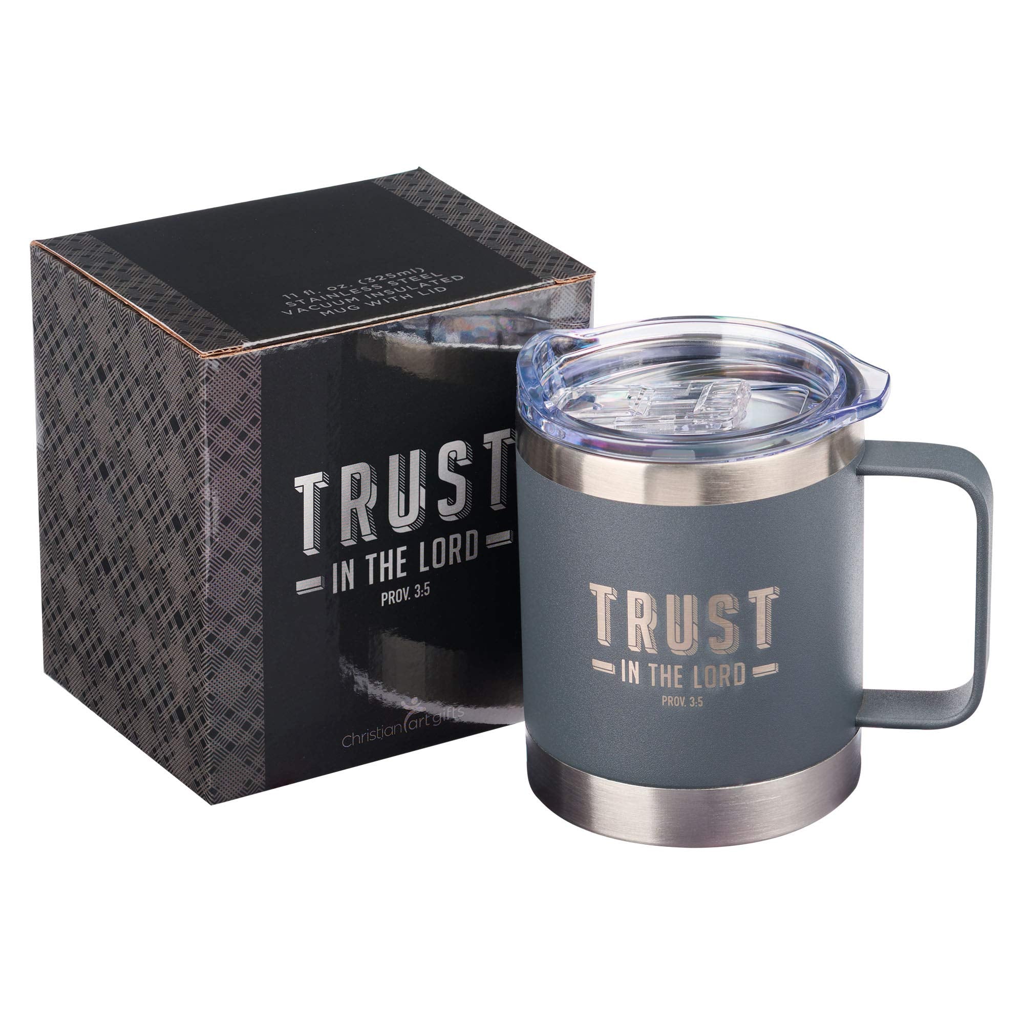 Christian Art Gifts Stainless Steel Double Wall Vacuum Insulated Camp Style Travel Mug 11 Oz Gray Coffee Mug With Retractable Li