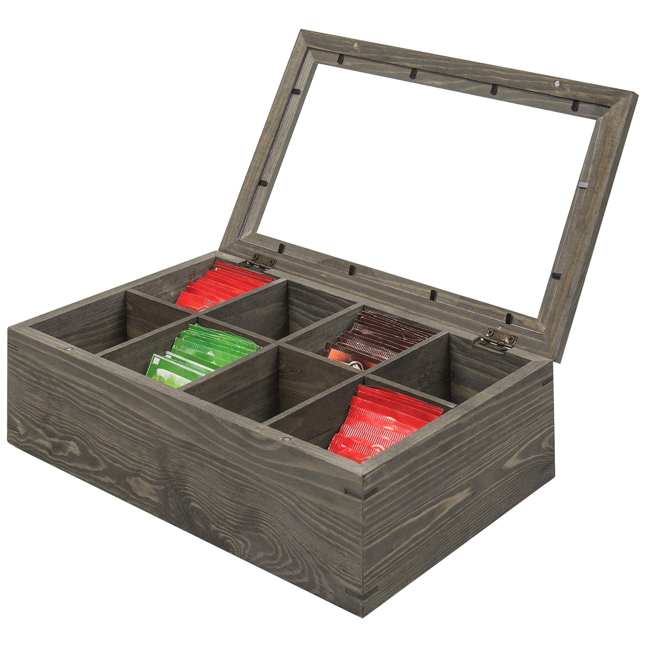 Mygift Vintage Gray Wood Tea Bag Holder Storage Box With 8 Compartments And Clear Lid