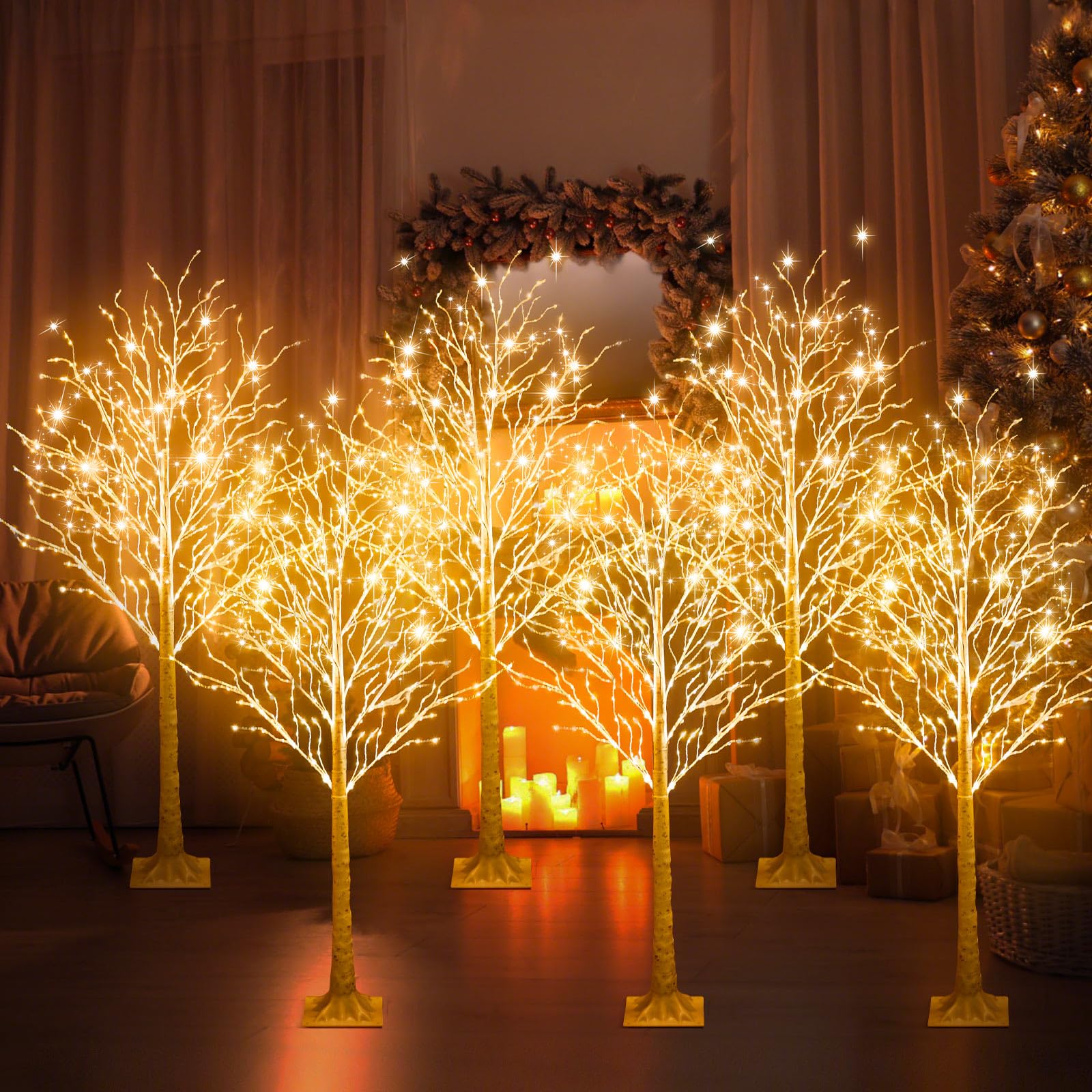 Aurelema 6 Pcs 5ft-400led Lighted Birch Tree 8 Modes Christmas Artificial LED Warm White Lights Birch Tree for Indoor and Outdoo