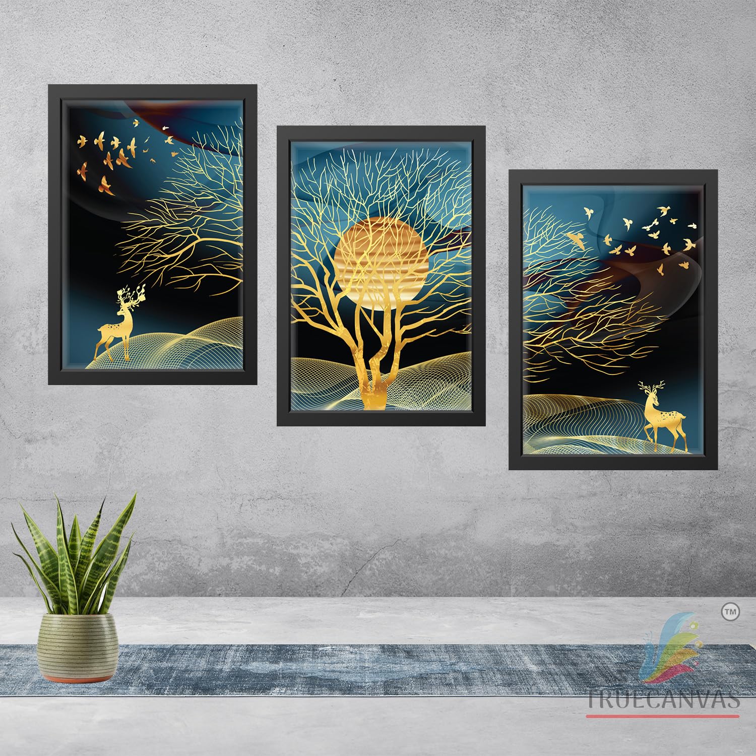 Truecanvas Abstract Painting Set Of 3 Wall Hanging Hd Print Poster Framed For Home, Living Room Gallery & Office, Black, Size - 