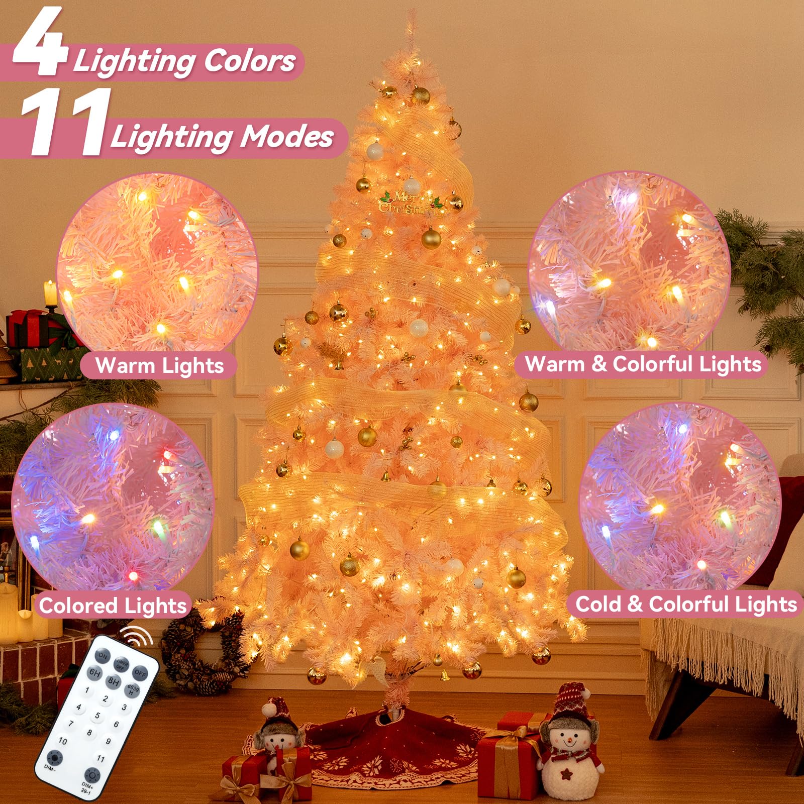 Prelit 7.5ft Pink Christmas Tree with 1500 PVC Branches, 600 Multicolor Lights, 11 Modes & Timer Remote Control, Auto-Hinged Art