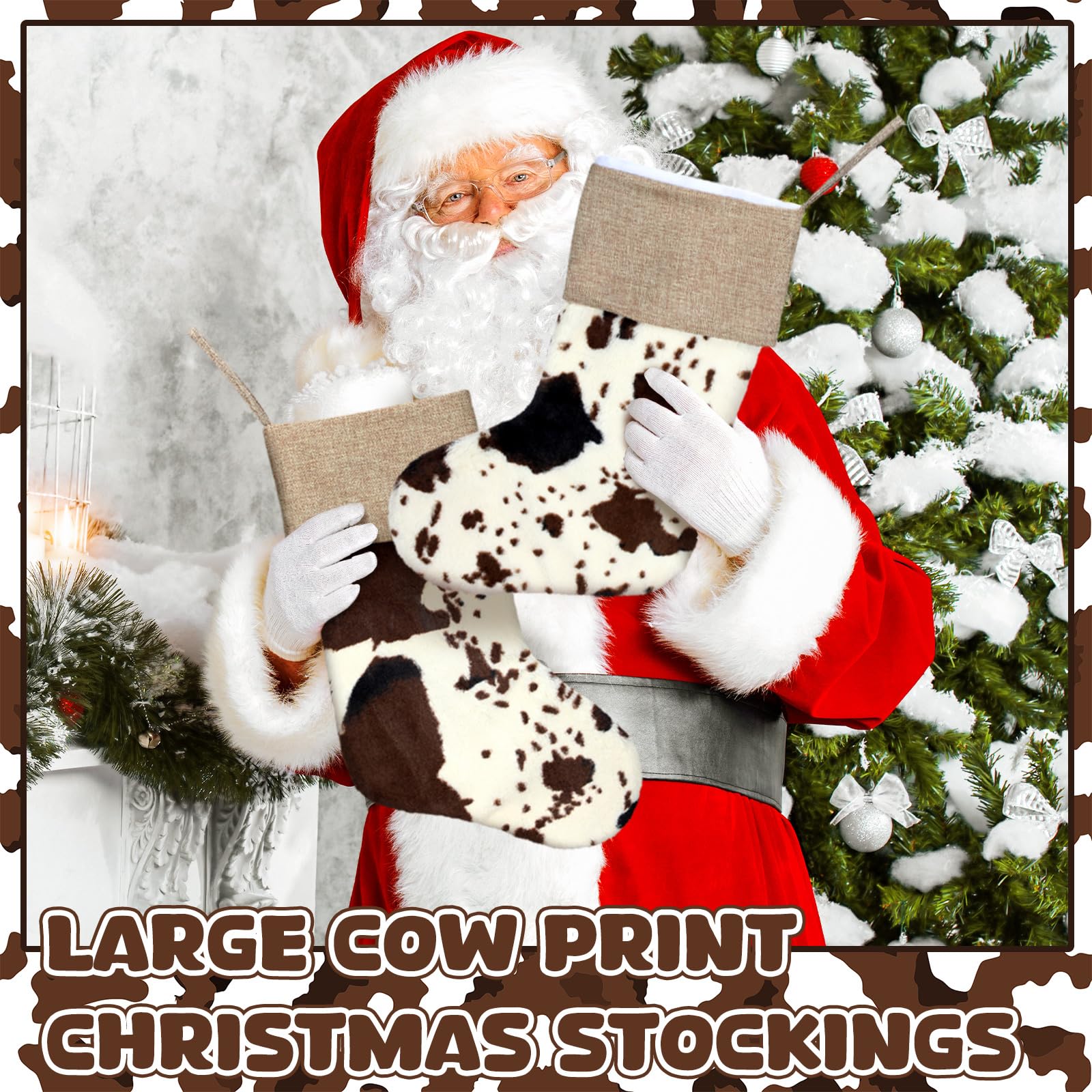 Glimin 2 Pcs Western Christmas Cow Print Stockings Decor Bulk 20 Inch Large Plush Cowhide Christmas Stockings Ornaments Western