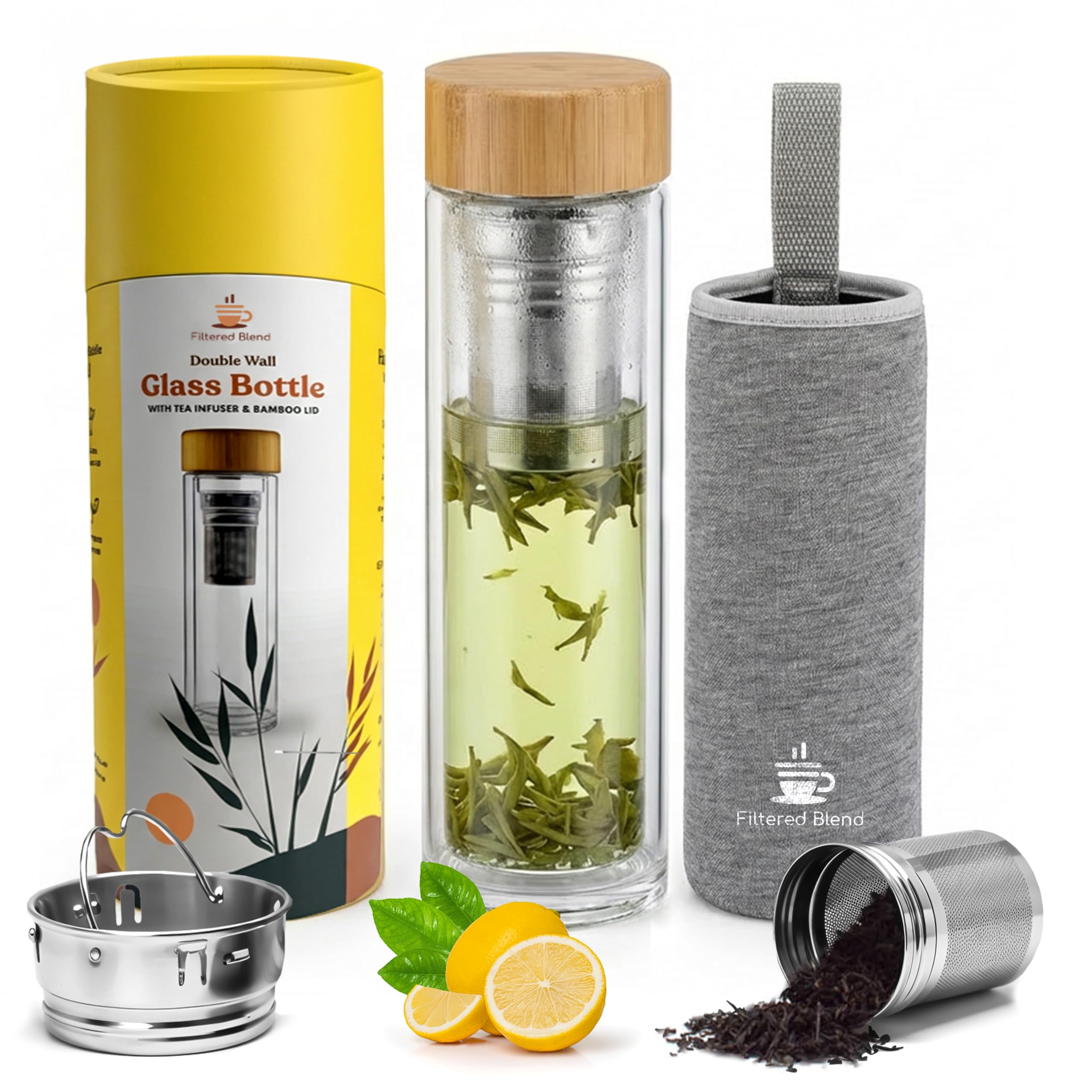 15oz Double Wall Glass Water Bottle with Bamboo Lid and Tea Infuser  Insulated, LeakProof, and EcoFriendly Travel Tea Mug wit