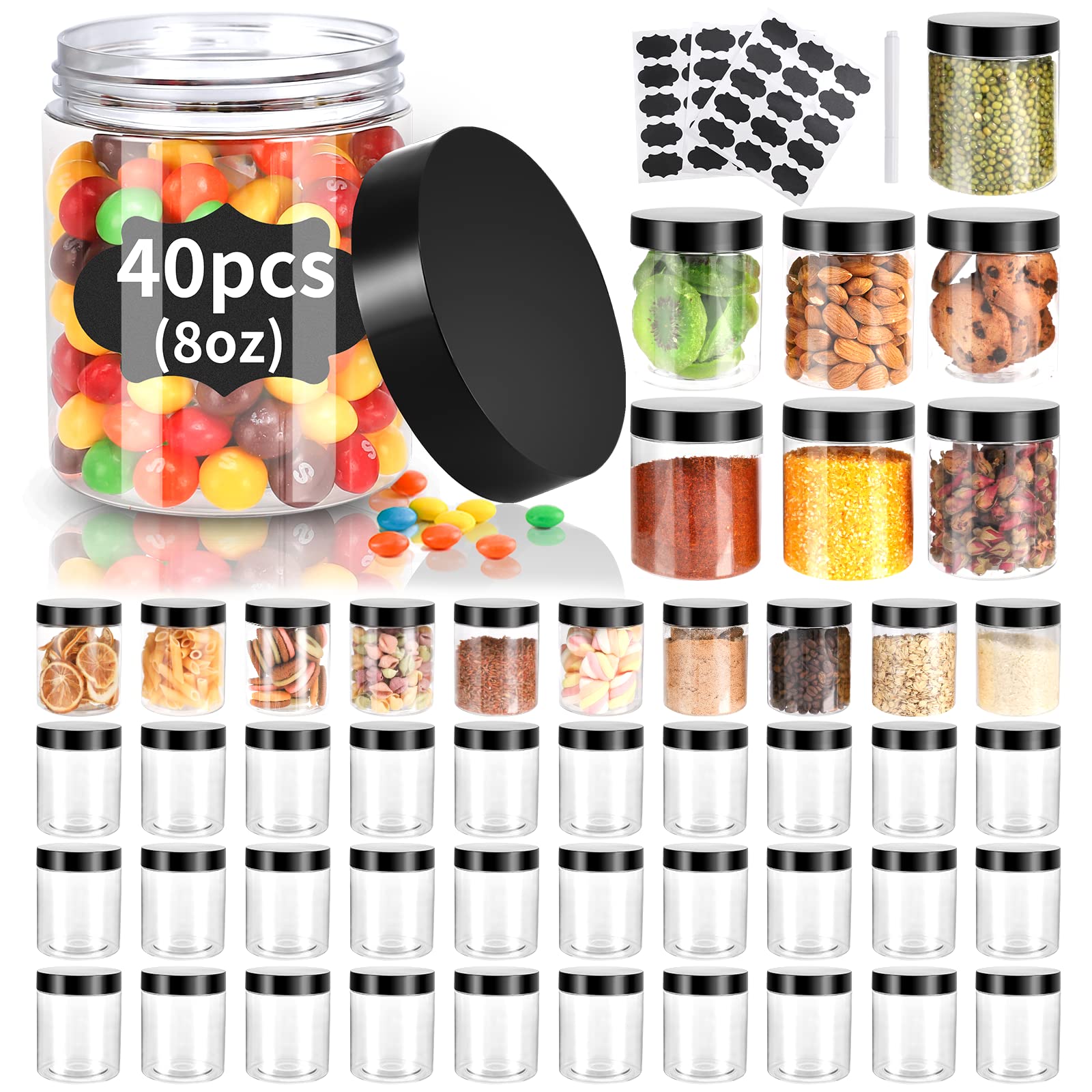 40 Pack Plastic Jars With Lids, Gencywe 8 Oz Clear Slime Cosmetics Containers With Pen And Labels, Leakproof Storage Jars, Pet E
