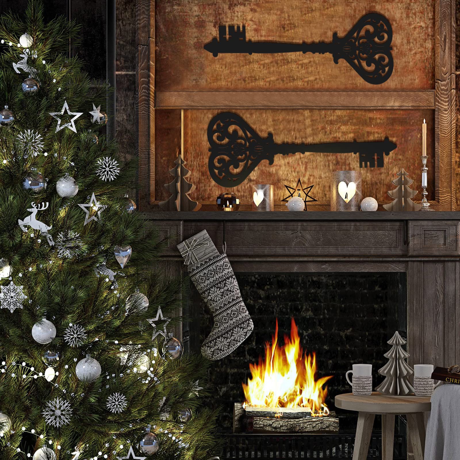 Chunful 2 Pcs Keys Wall Decor Large Skeleton Key Sign Vintage Antique Wooden Wall Art Farmhouse Wall Sign for Bedroom(13.78 x 5.