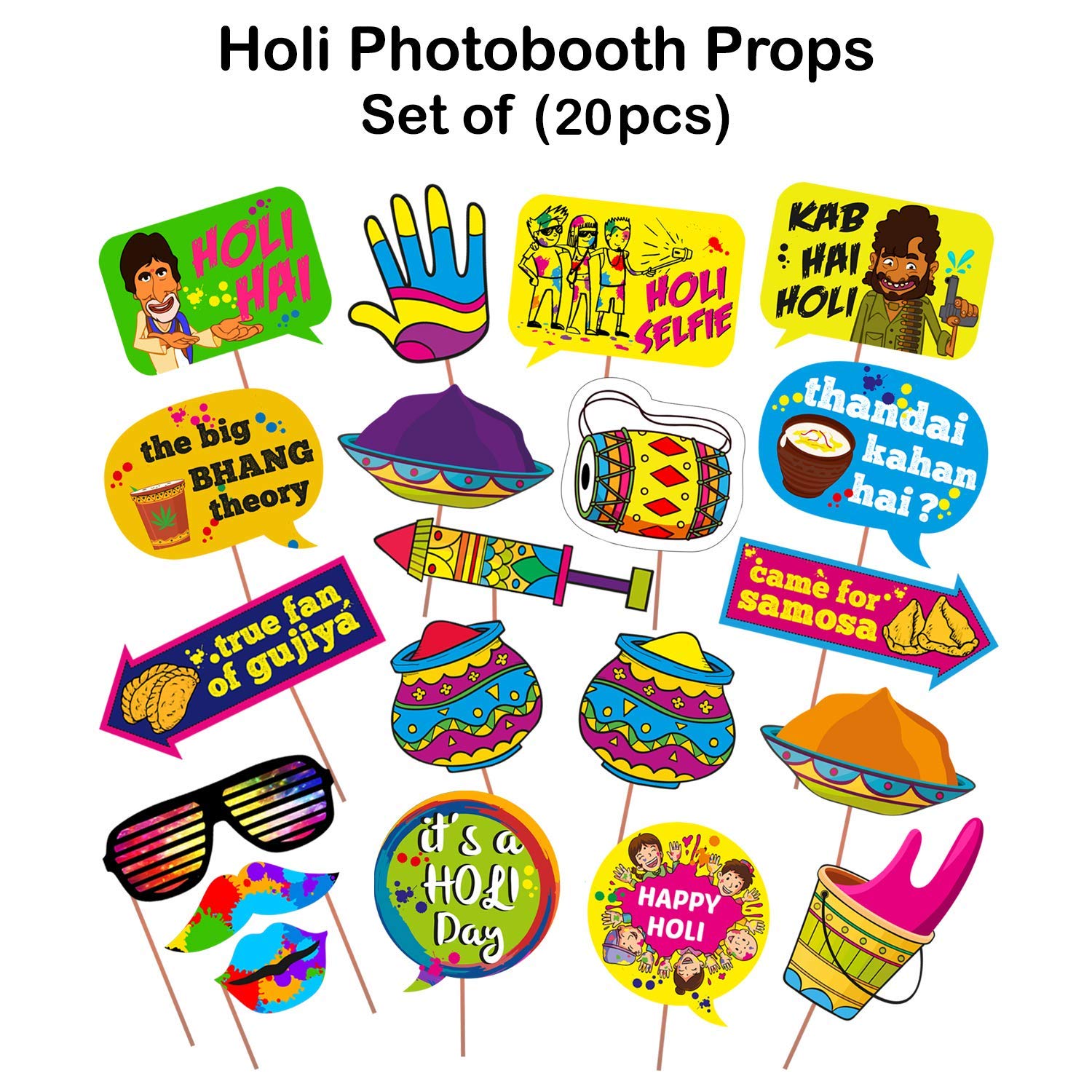 Zyozique 20 Pcs Holi Photo Booth Props/Holi Props for Photoshoot/Happy Holi Paper Banner/Happy Holi Decoration for Holi Festival