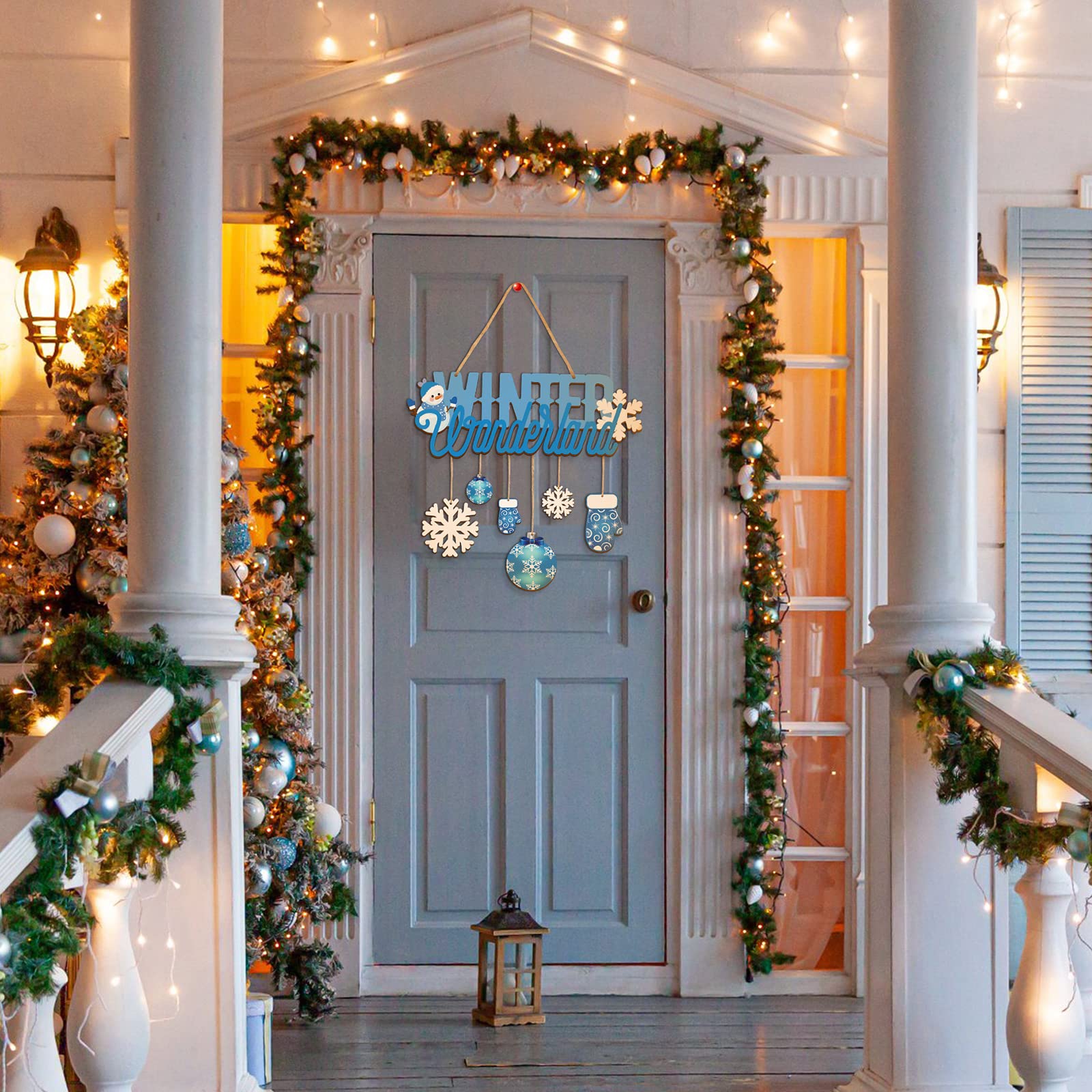 Namalu Winter Wonderland Ornaments Wooden Blue and White Christmas Decorations Door Sign Snowflake Glove Ornaments for Xmas Wint
