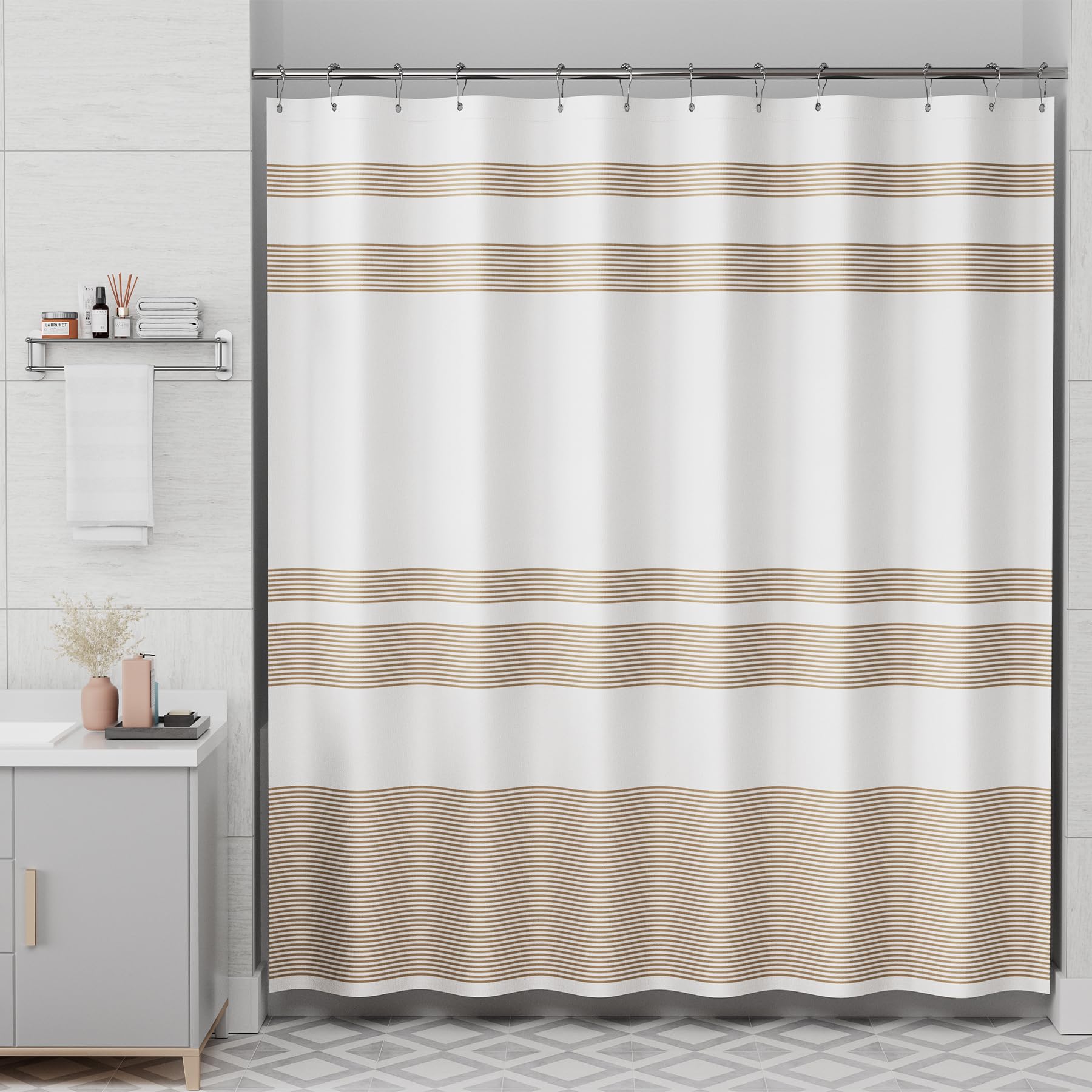 Amazerbath Neutral Shower Curtain, 72X72 Washable Cloth Light Tan Shower Curtain With 12 Shower Curtain Hooks, Fabric Khaki And