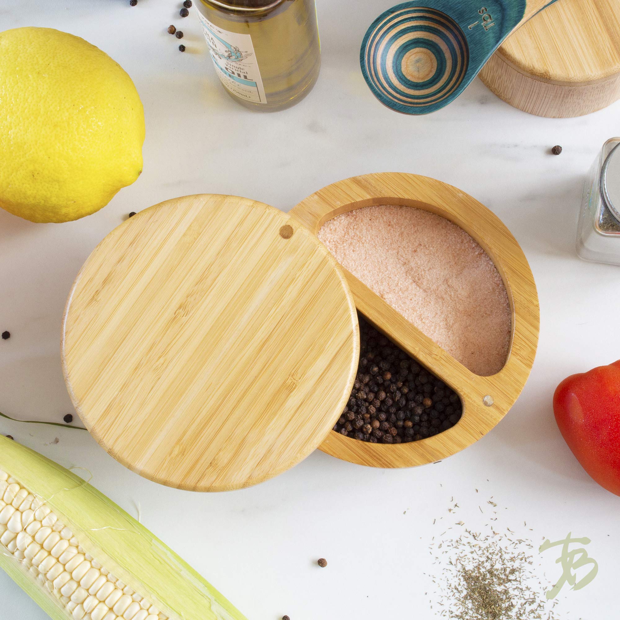 Totally Bamboo Salt Keeper Duet Salt And Pepper Bowl, Salt Cellar And Storage Box With Two Compartments, Magnetic Swivel Lid
