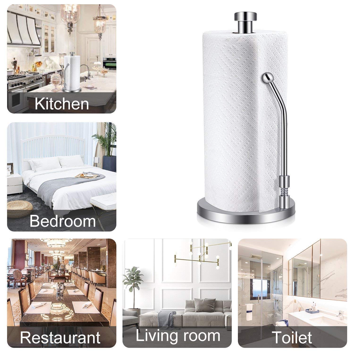 Abuycs Stainless Steel Standing Kitchen Roll Dispenser, Countertop Anti-Slip, One-Handed Operation, Modern Design, Silver
