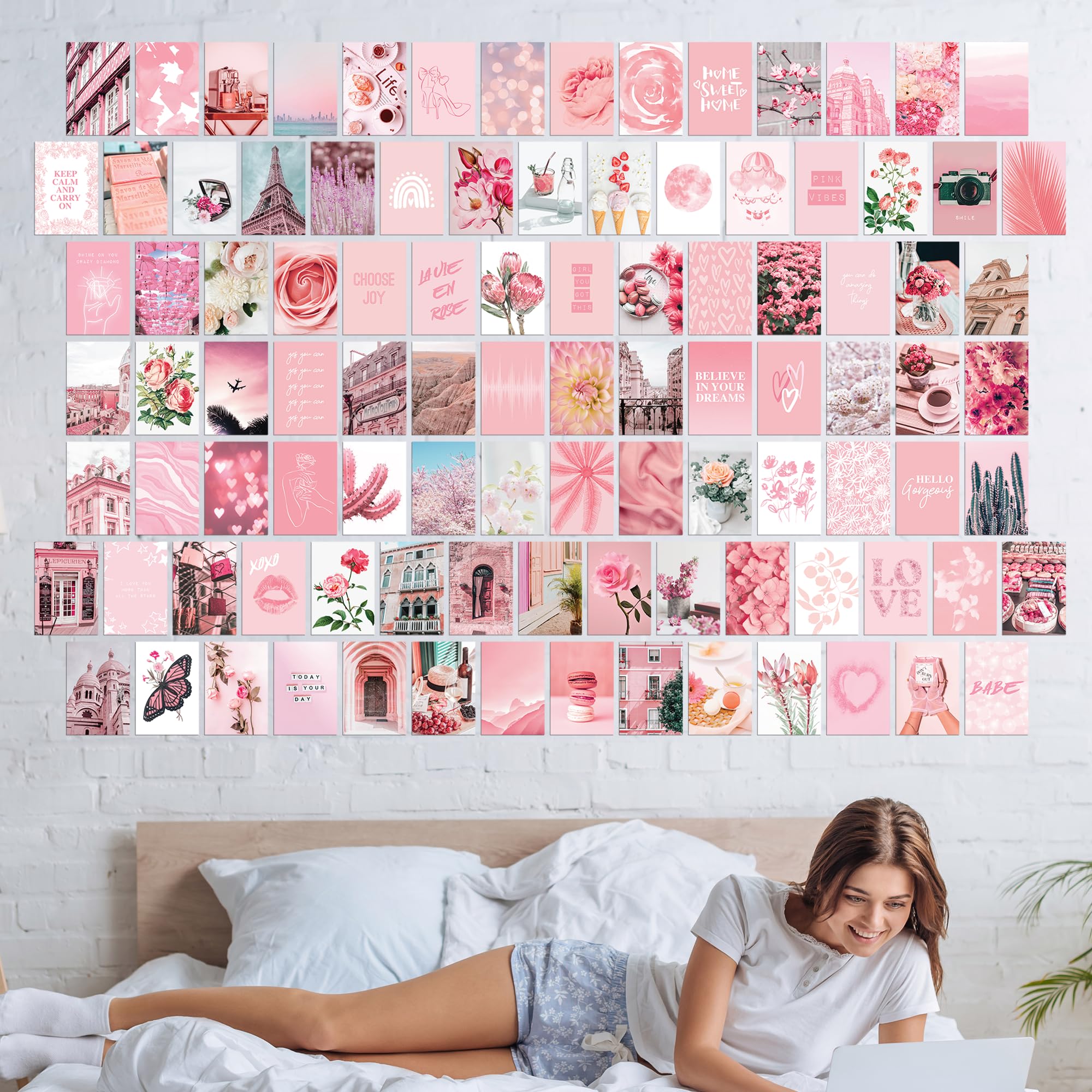 Artivo Pink Aesthetic Wall Collage Kit,100 Set 4X6 Inch,Room Decor For Teen Girls,Pretty Blush Pink Wall Art Print,Dorm Photo Co