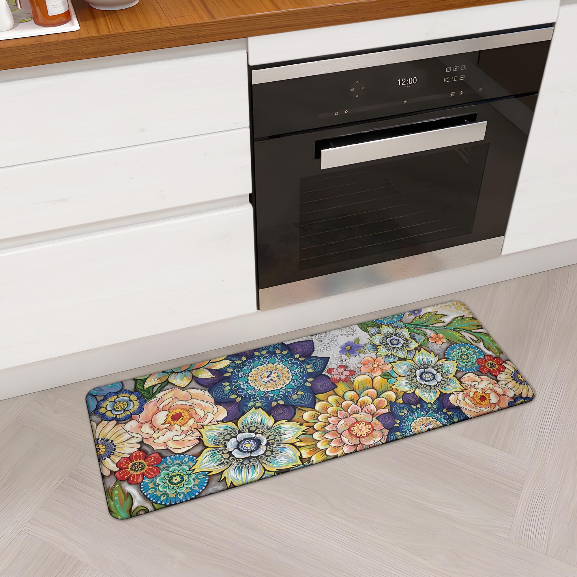 tubeamin Floral Kitchen Runner Rug Mat for Floor Boho Cushioned Anti-Fatigue Mat Non-Slip Standing Desk Waterproof Comfort Floor