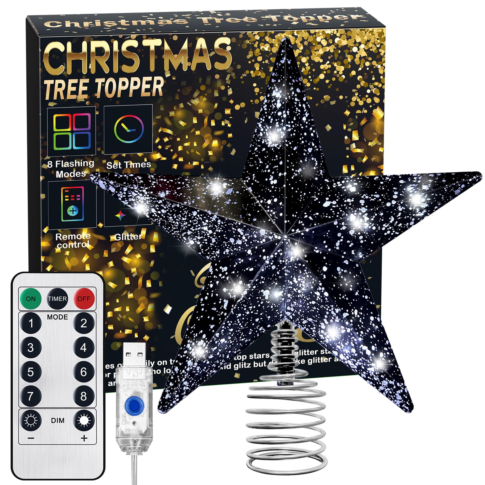 Black Christmas Tree Star Topper with Lights, 8.5-Inch Light-Up Christmas Tree Topper with Remote Control, 4 Brightness Levels &