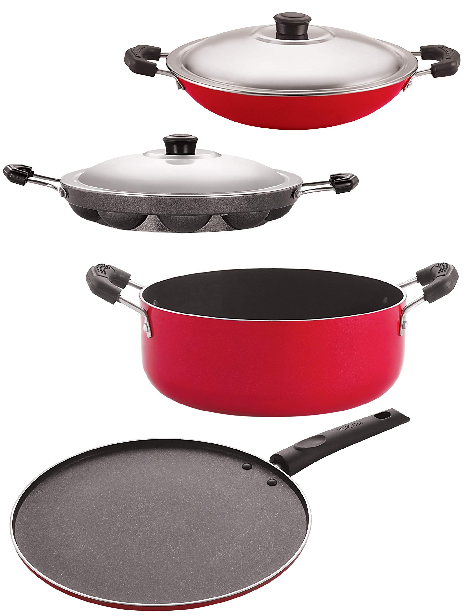 Nirlon Gas Compatible NonStick Aluminium Cookware Set, 4Pieces, Red/Black (Ac_St11_Ap12_Cs24)