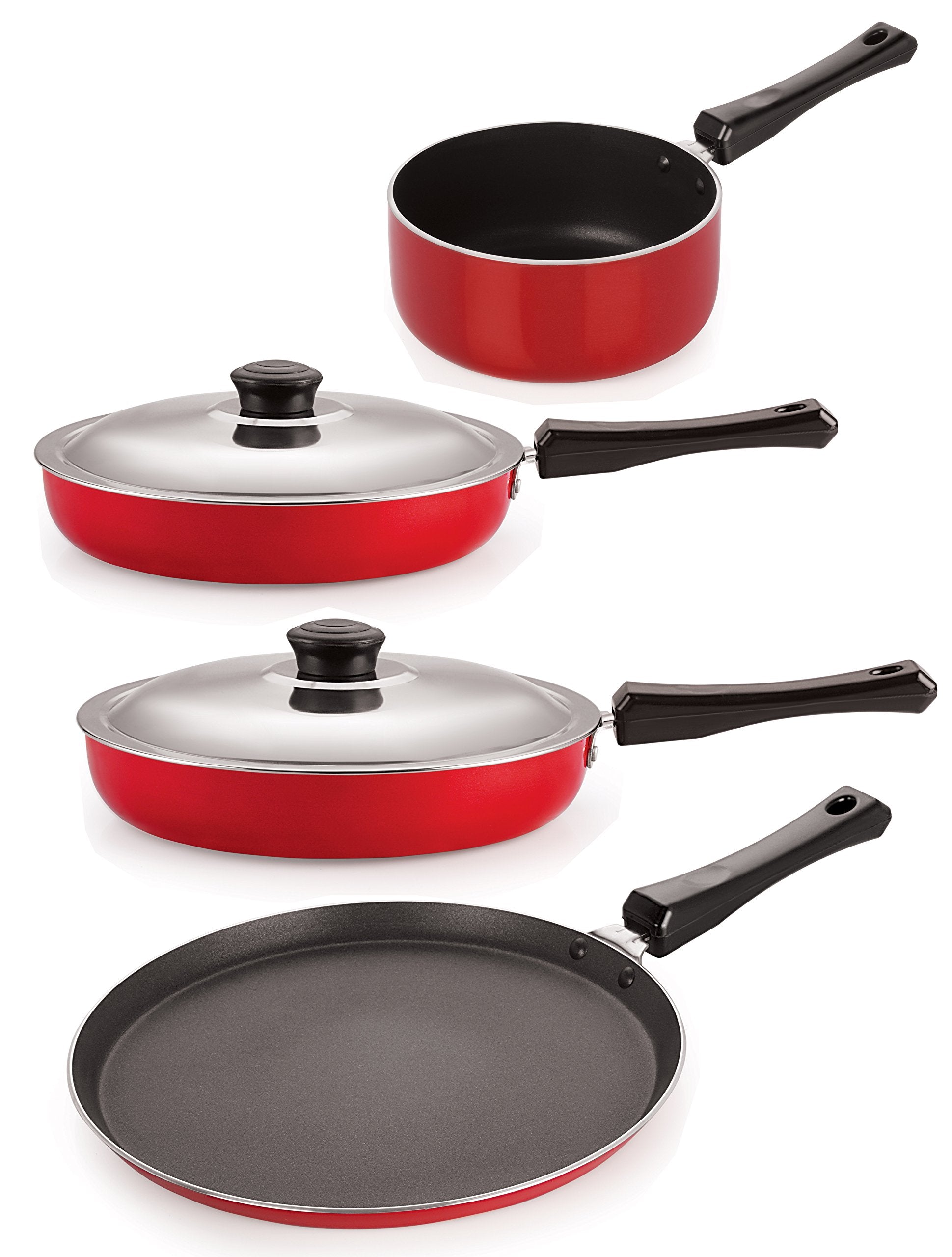 Nirlon Aluminium NonStick Red & Black Color Kitchenware Essential Combo Gift Set Offer With Lid