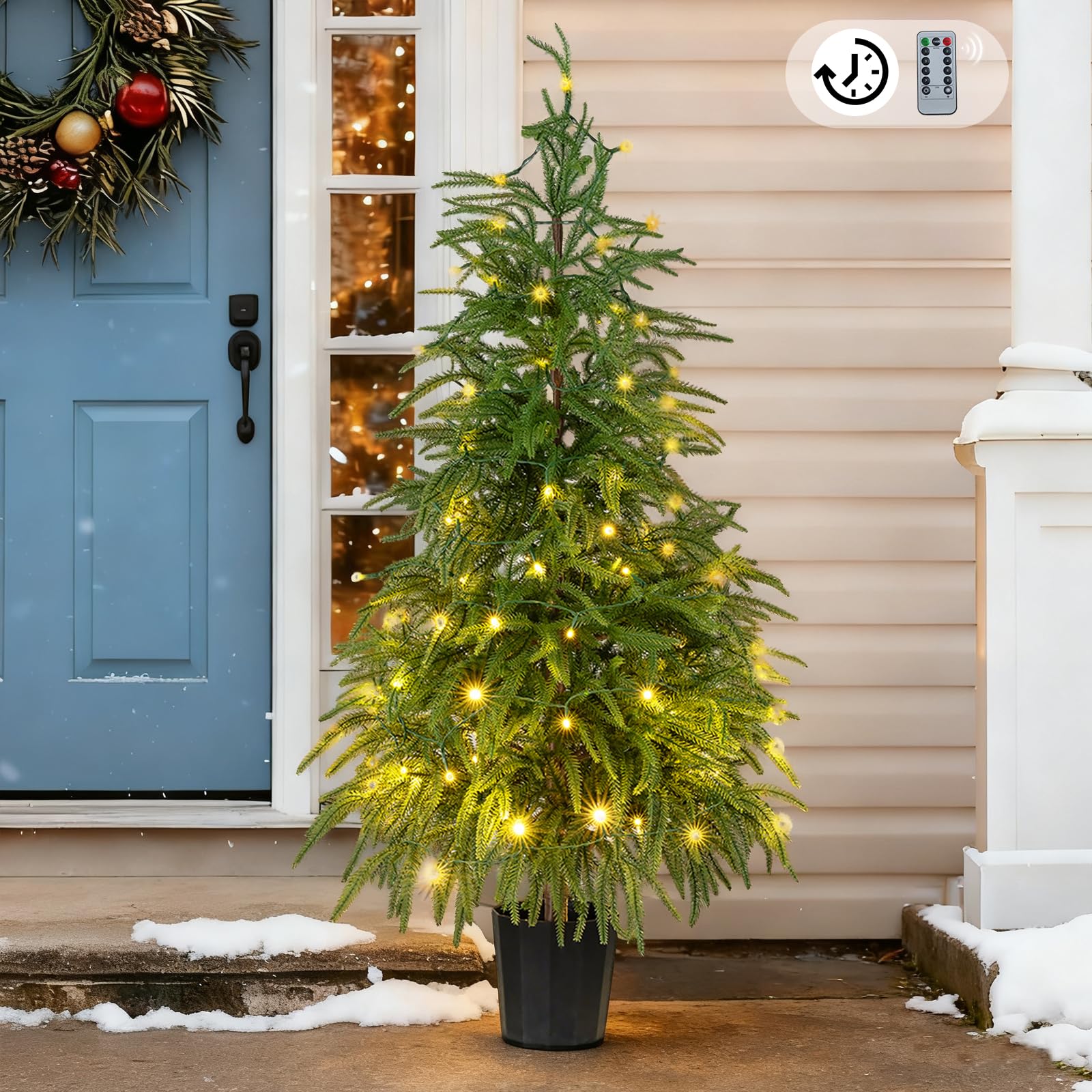 BLOSMON Outdoor Christmas Trees for Porch: 4 Ft Norfolk Pine Tree with 100 LED Lights Remote Control Timer 8 Lighting Modes - Sm