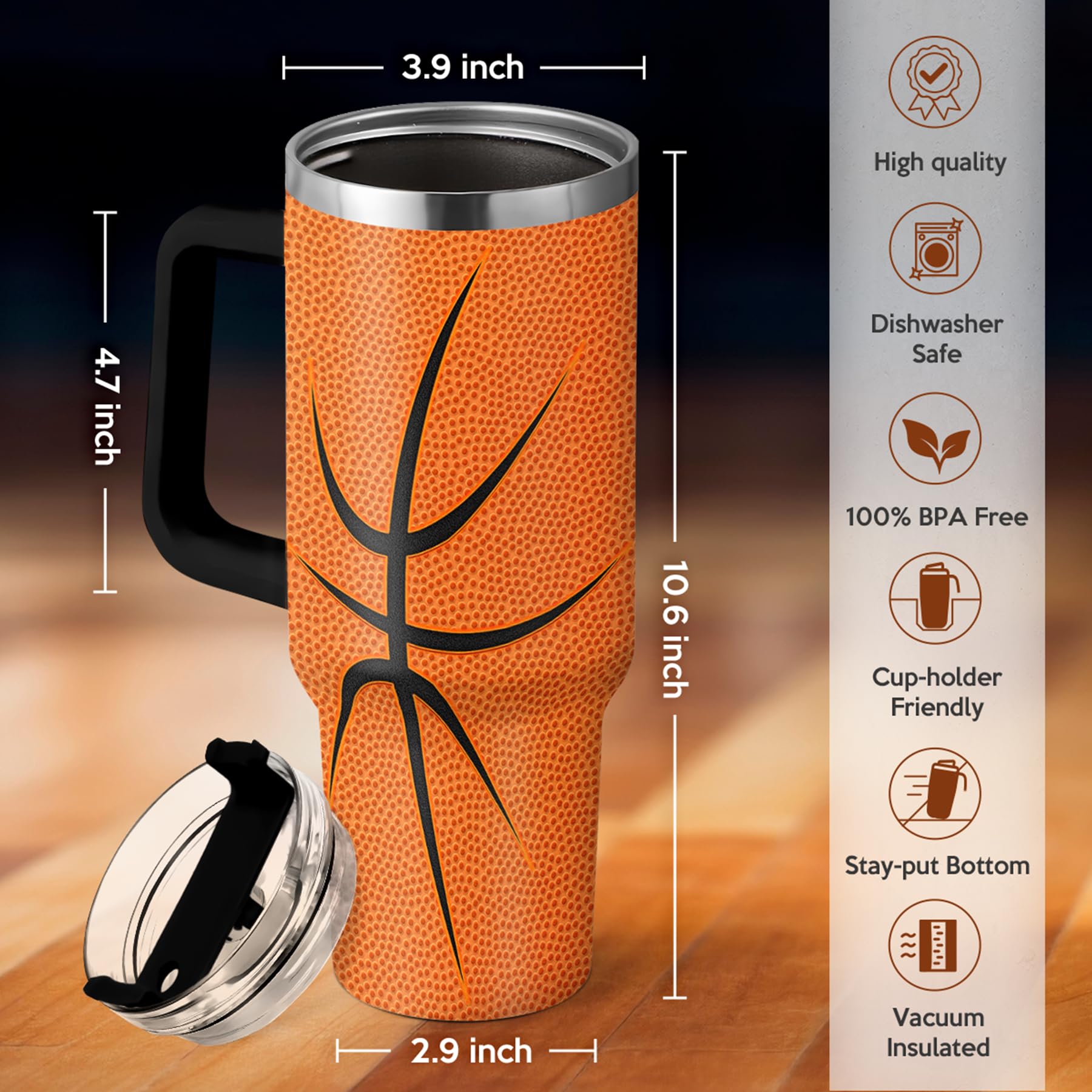 SANDJEST Basketball Tumbler with Handle 40oz Lid & Straw, Insulated Coffee Cup Gifts for Men Boys Players, Christmas Birthday