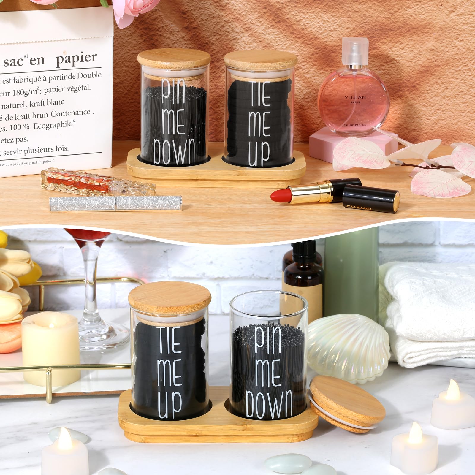 Funny Apothecary Jars 2 Pack Hair Tie Holder Organizers Bathroom Canisters with Tray Bobby Pin Holder Bathroom Jars Accessories Set with Lids for Bathroom d?or Farmhouse Bathroom Storage Organization