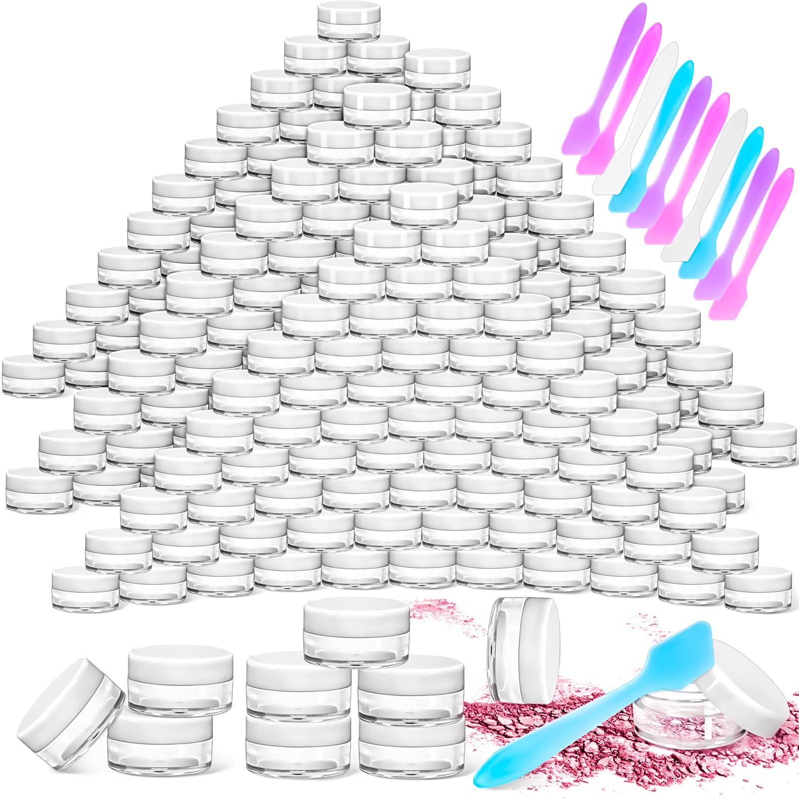 Motbach 100 Pcs 5G Empty Plastic Containers With White Lids,Mini Makeup Sample Containers, Small Sample Pot Jars Round Cosmetic