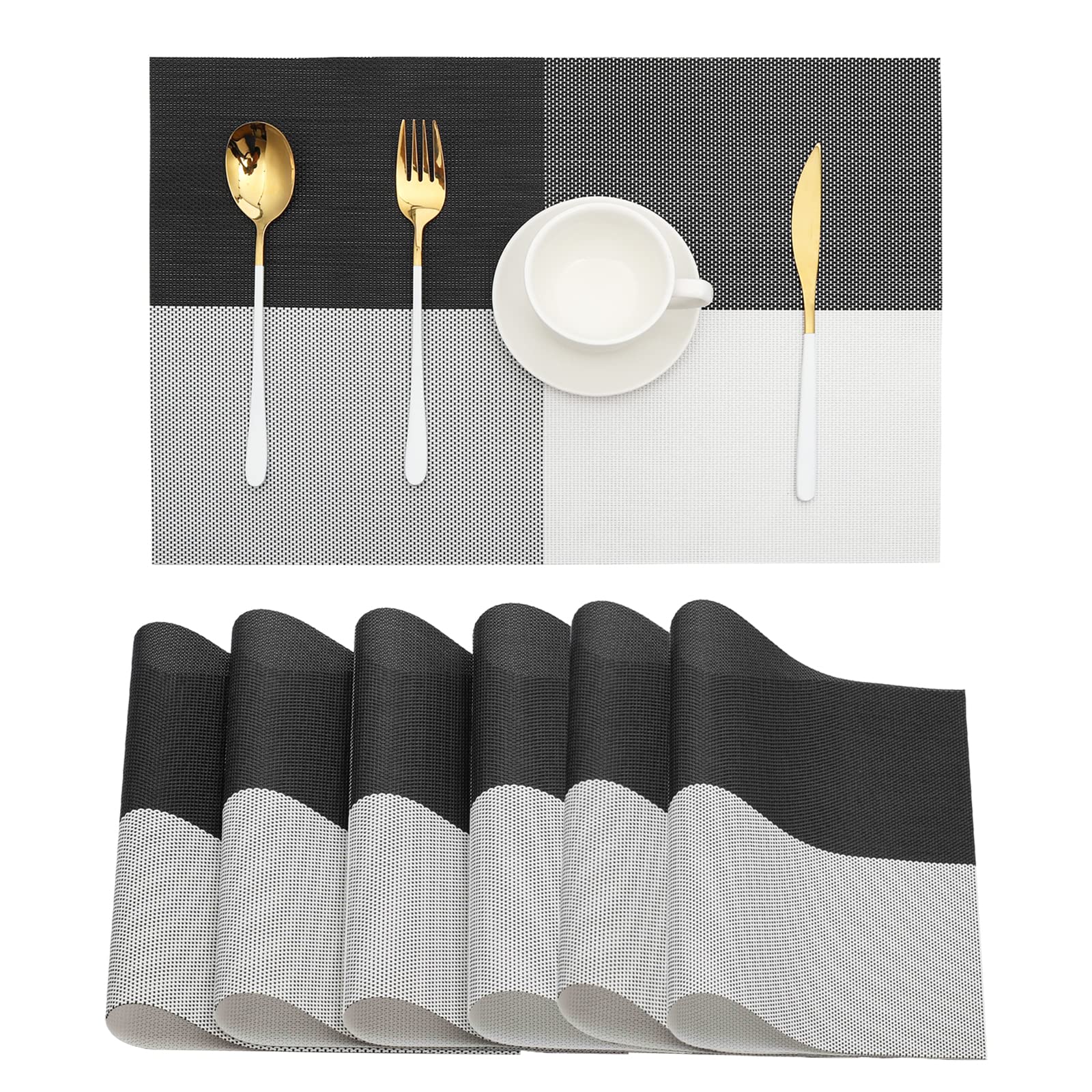 Heloho Placemats Set Of 6 Black And White Placemats Heat-Resistant Washable Vinyl Woven Table Mats Wipeable Placemat For Kitchen