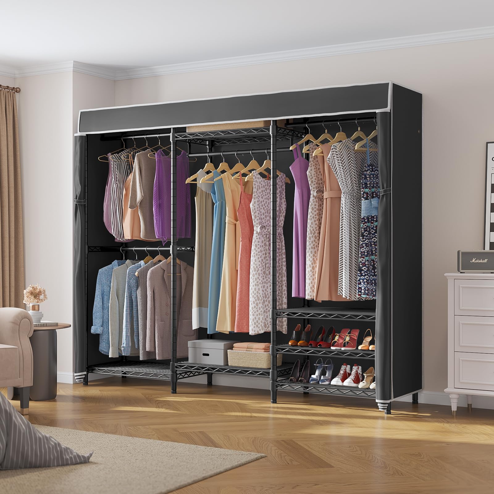 Vipek V5C Heavy Duty Covered Clothes Rack Portable Bedroom Armoires Rack, Black Metal Clothing Rack With Black Cover, Adjustable