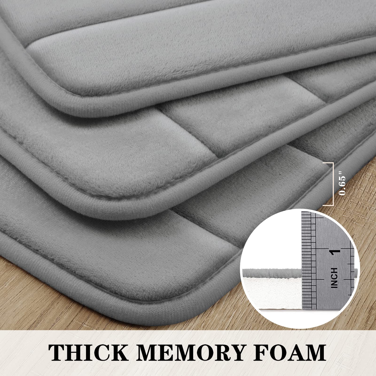 Bysure Grey Memory Foam Bathroom Rug Set 3 Piece, Non Slip Extra Soft Absorbent Bath Mats, Machine Washable & Dry Toilet Mat Set
